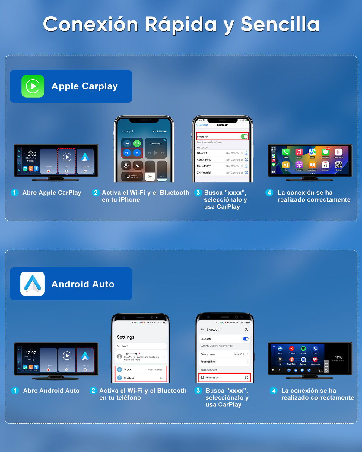 Instrucciones para Apple CarPlay y Android Auto con pantallas de teléfono y coche.