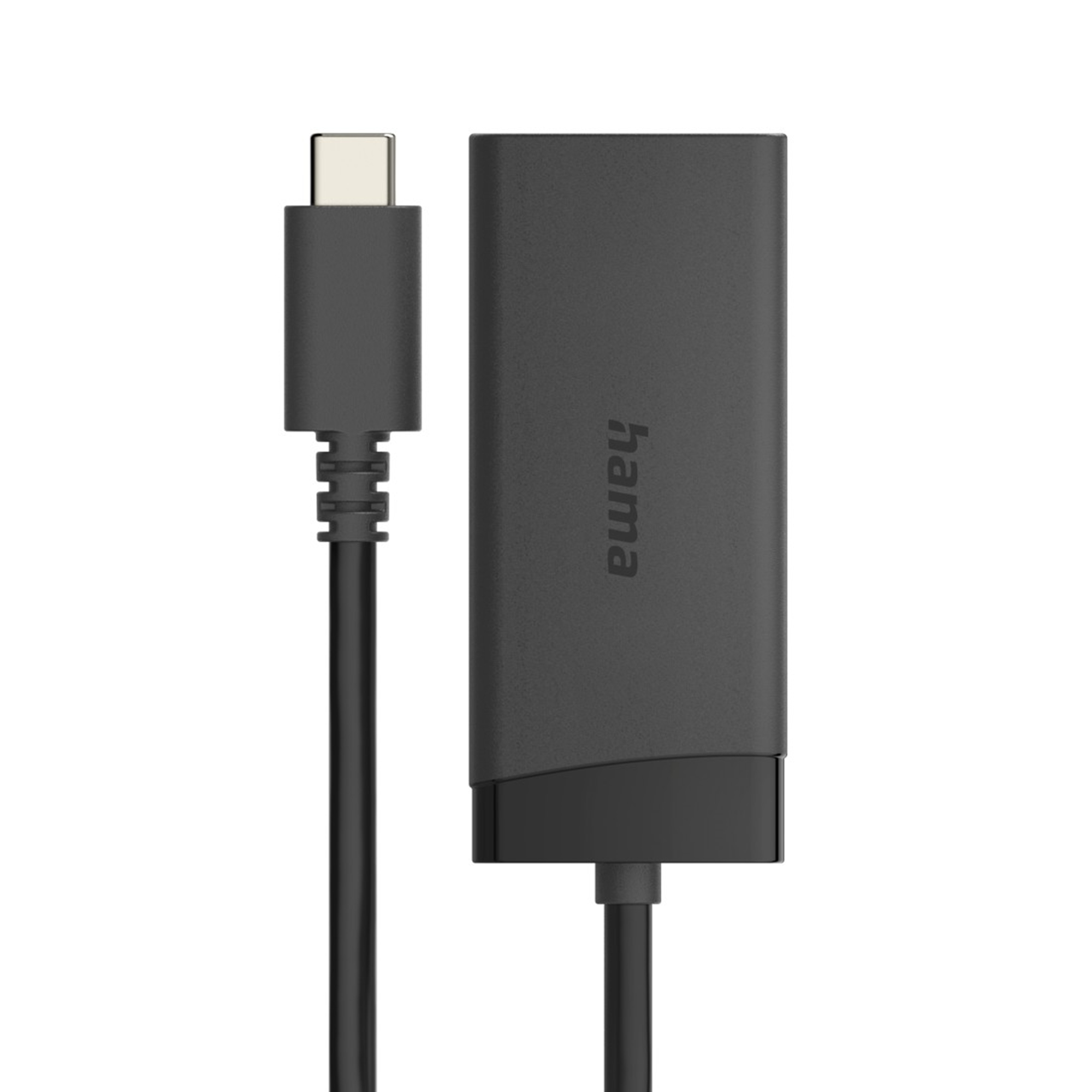 Ein schwarzer USB-C-Adapter mit Kabel auf weißem Hintergrund.