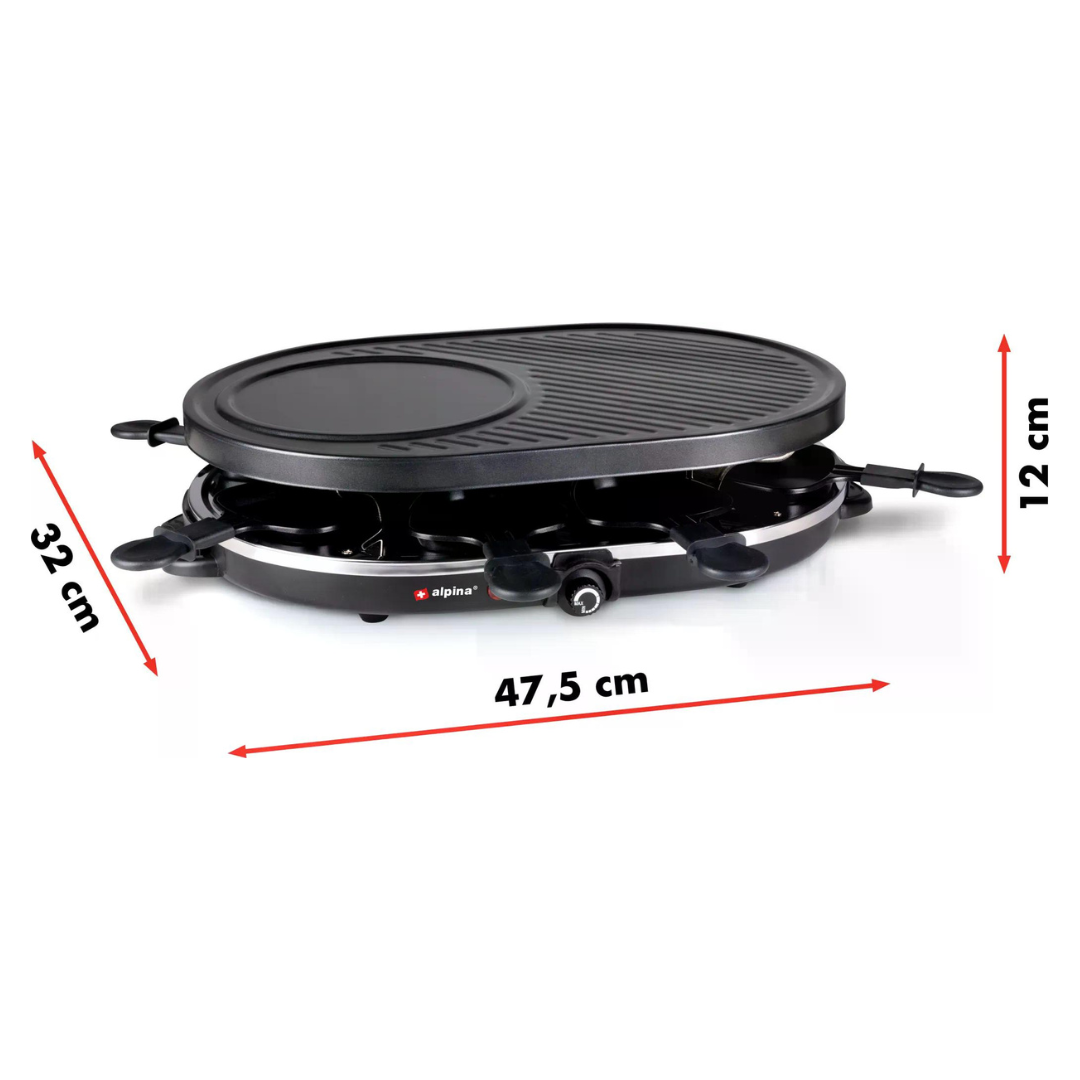 Schwarzer Raclette-Grill mit 4 Pfännchen, 47,5x32x12 cm.