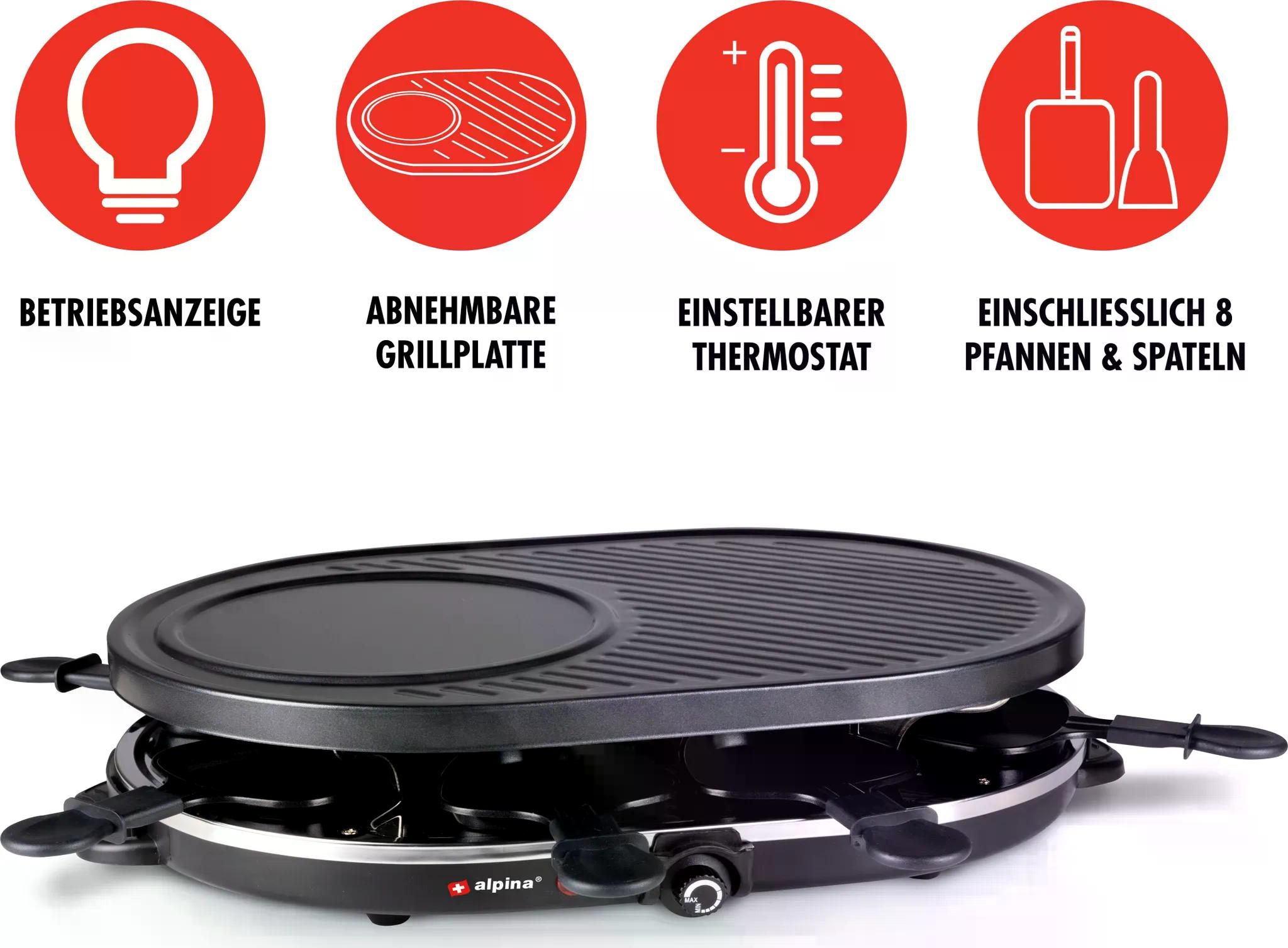 Ein Raclette-Grill mit Wendegrillplatte, Thermostat und Zubehör.