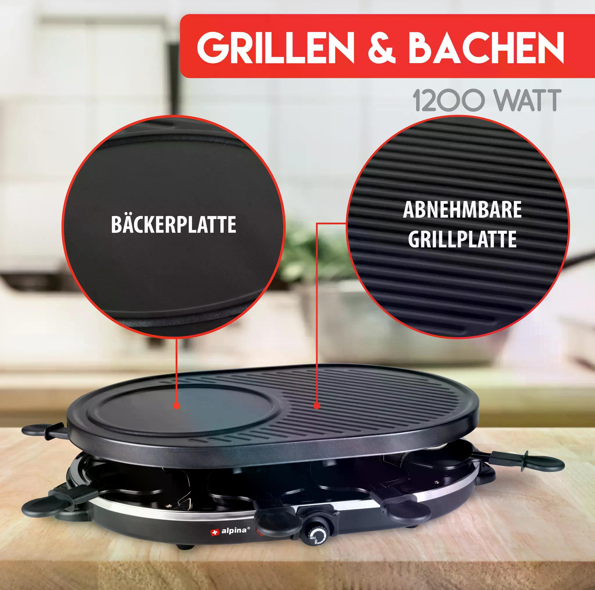 Ein 1200-Watt-Grill mit zwei Platten: eine Grillplatte und eine Backplatte.