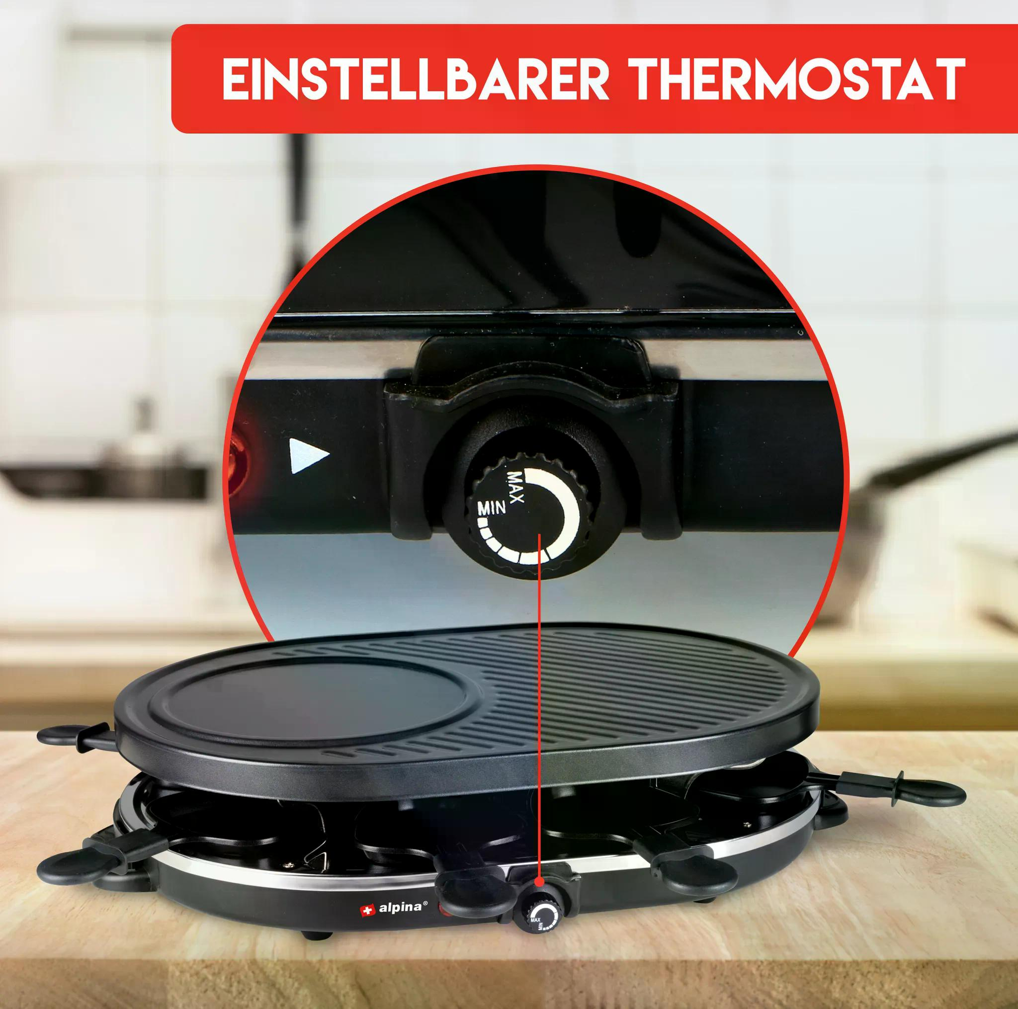Ein Raclette-Grill mit einstellbarem Thermostat, Min/Max-Regler und Grillplatte.