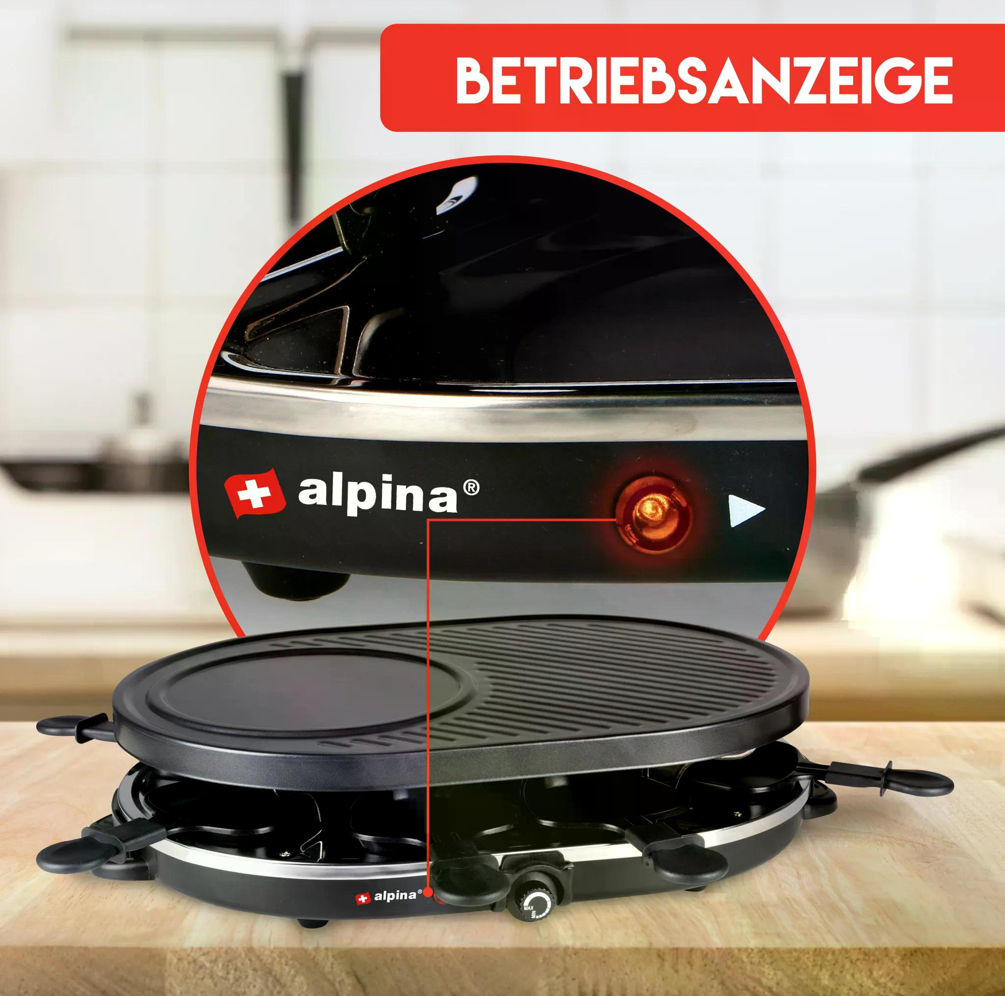 Ein Alpina Raclette-Grill mit integrierter Pfanne und rotem Lämpchen leuchtet.