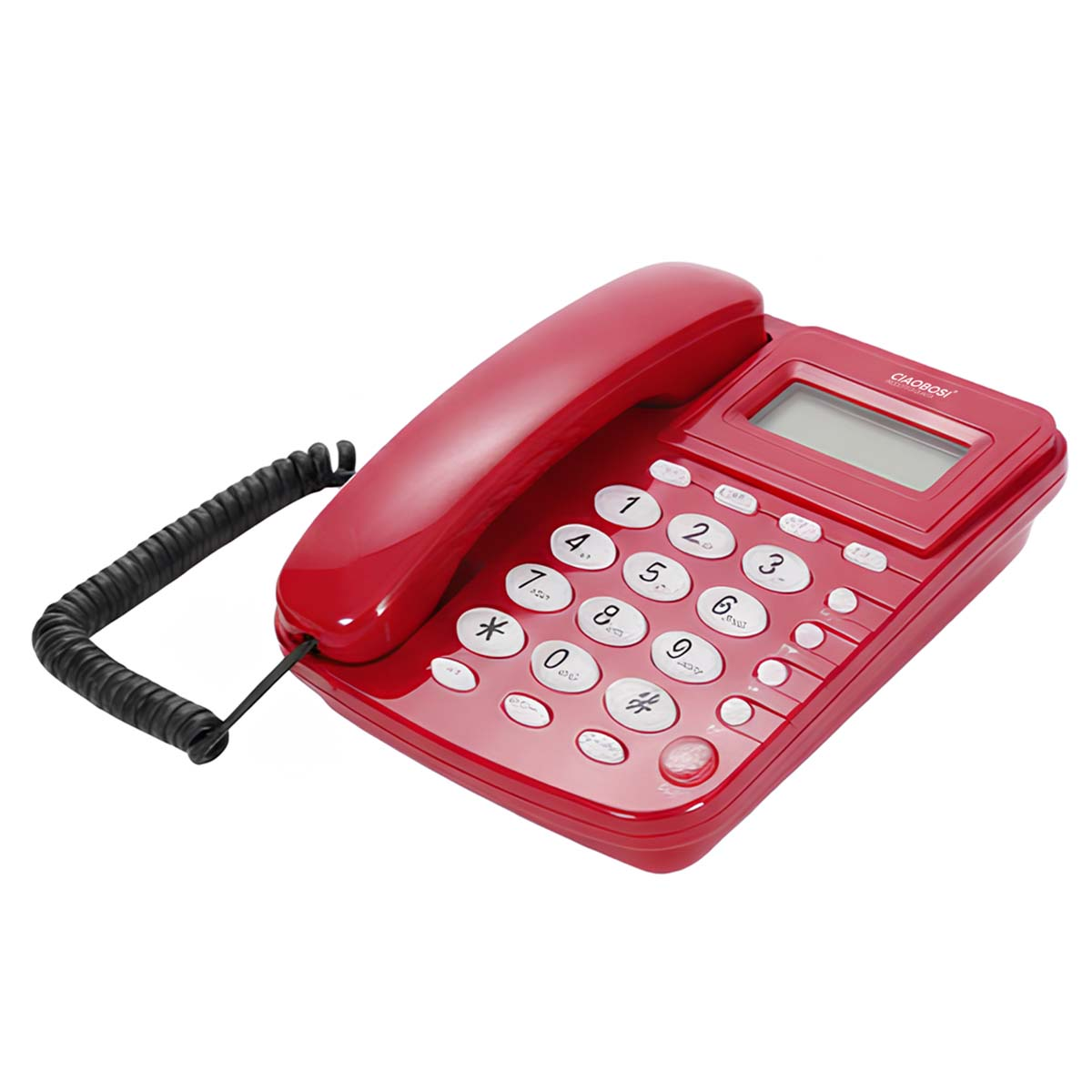 Un teléfono fijo rojo con auricular y teclado numérico.
