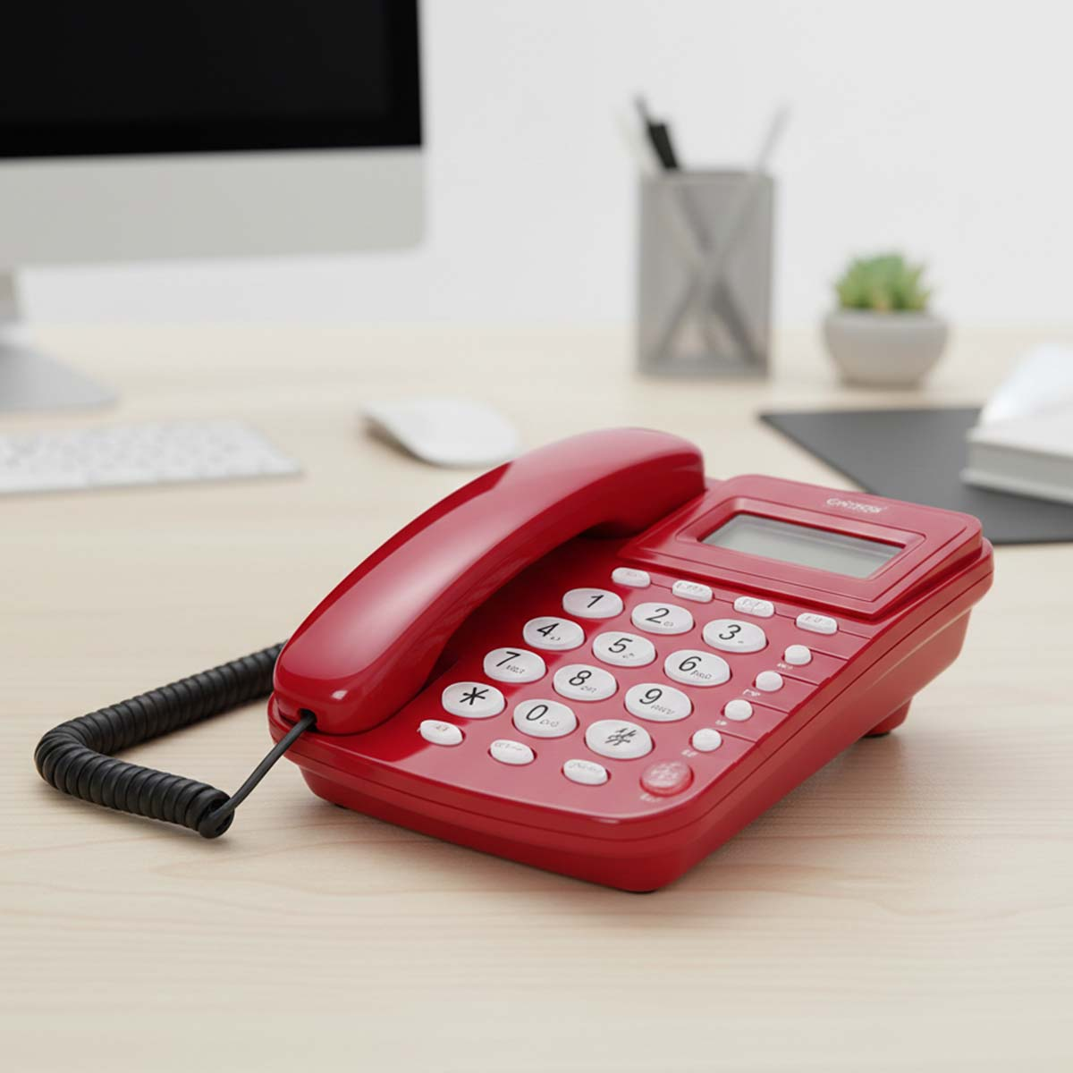 Un teléfono fijo rojo con botones y pantalla sobre un escritorio.