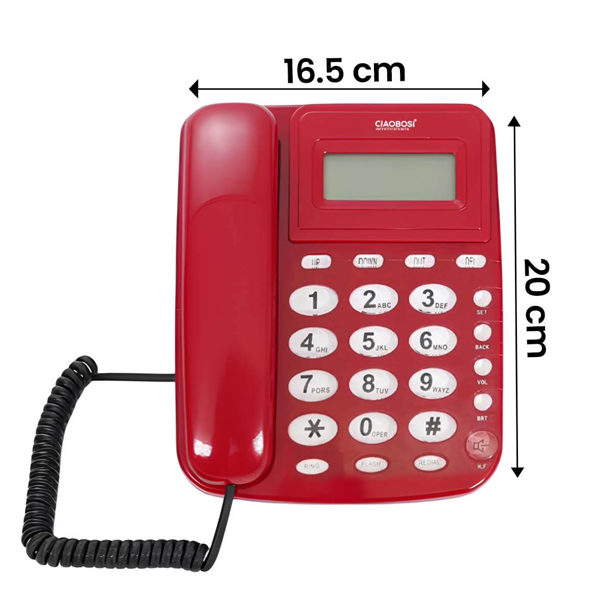 Un teléfono fijo rojo con pantalla y teclado. Dimensiones: 16,5 x 20 cm.