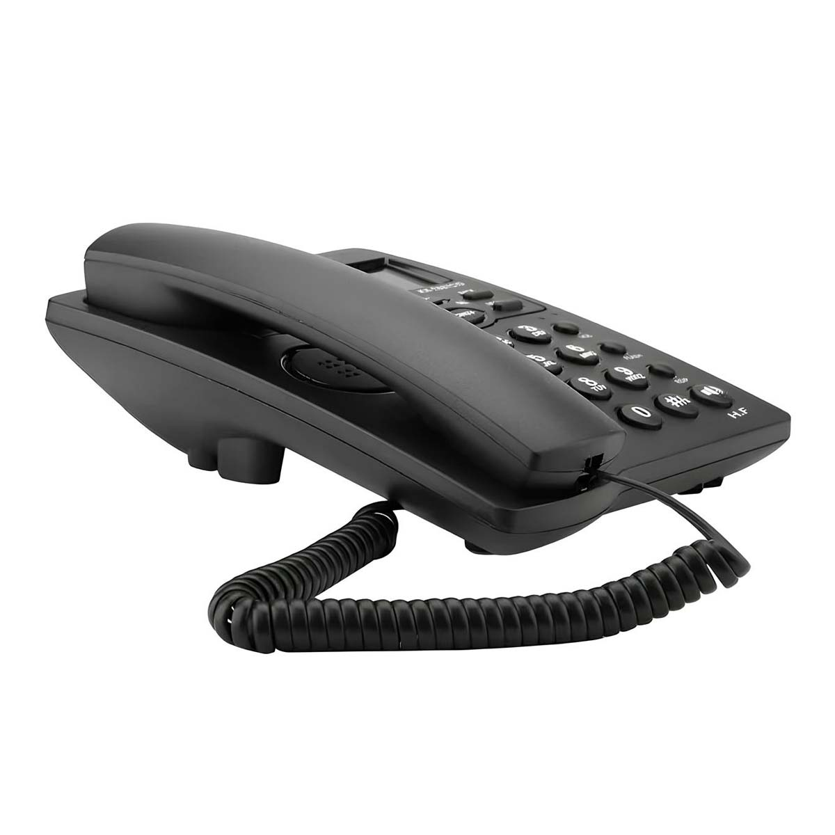 Un teléfono negro con cable, con cable en espiral para auricular y base.