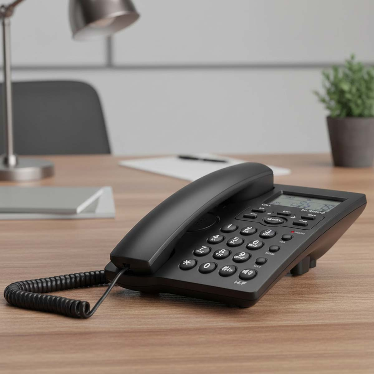 Un teléfono fijo negro con botones y pantalla está sobre un escritorio de madera.