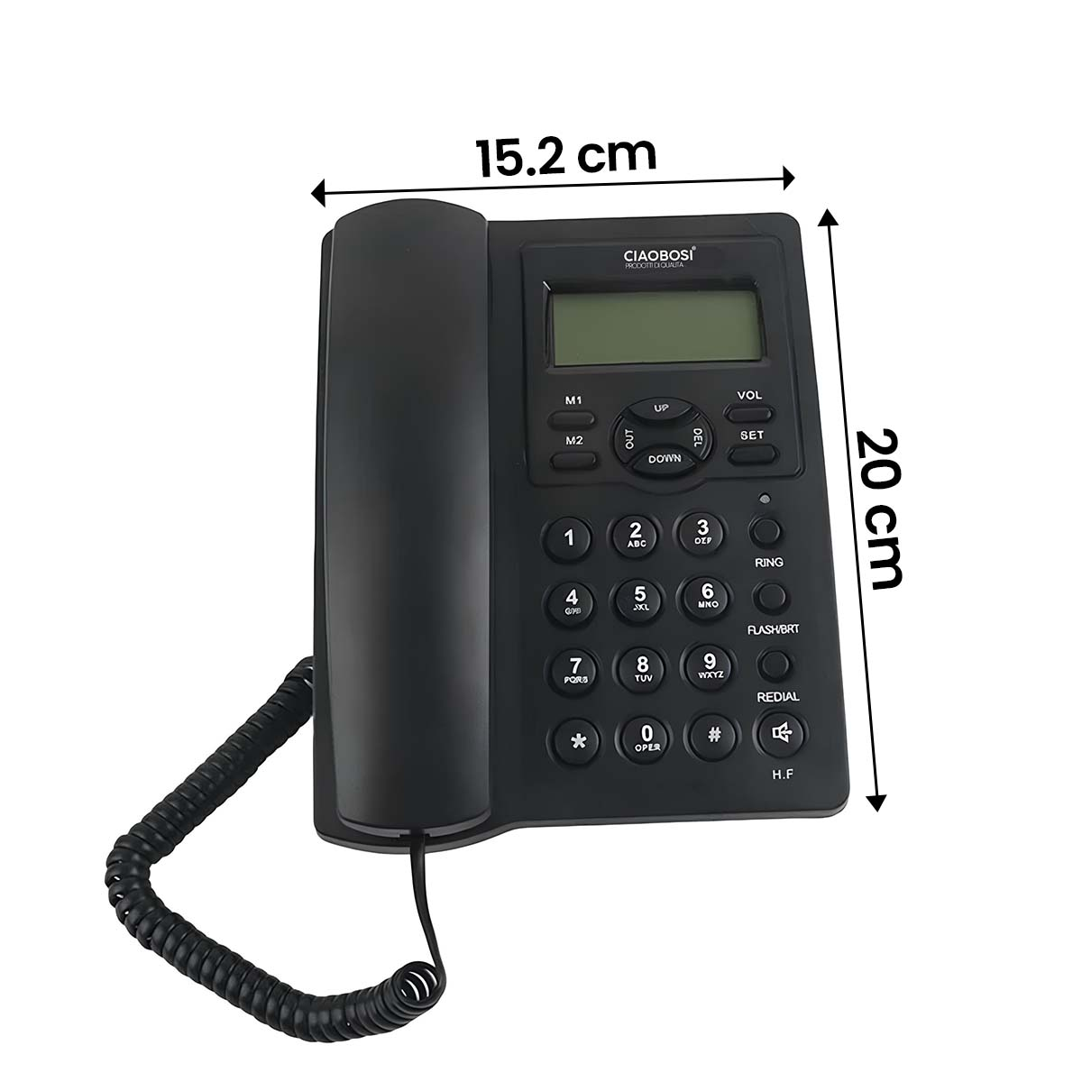 Teléfono fijo negro con teclado, pantalla y medidas de 15,2 cm y 20 cm.