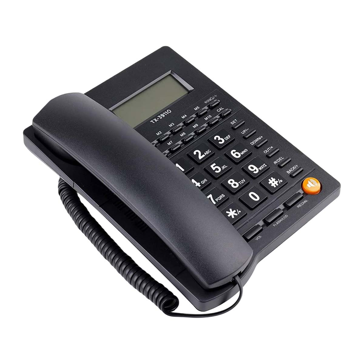 Un teléfono negro de cable con teclado, auricular y pantalla.