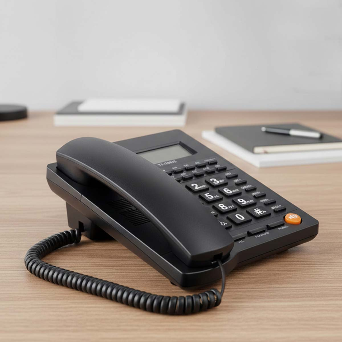 Un teléfono negro con cable descansa sobre un escritorio de madera, con libros al fondo.