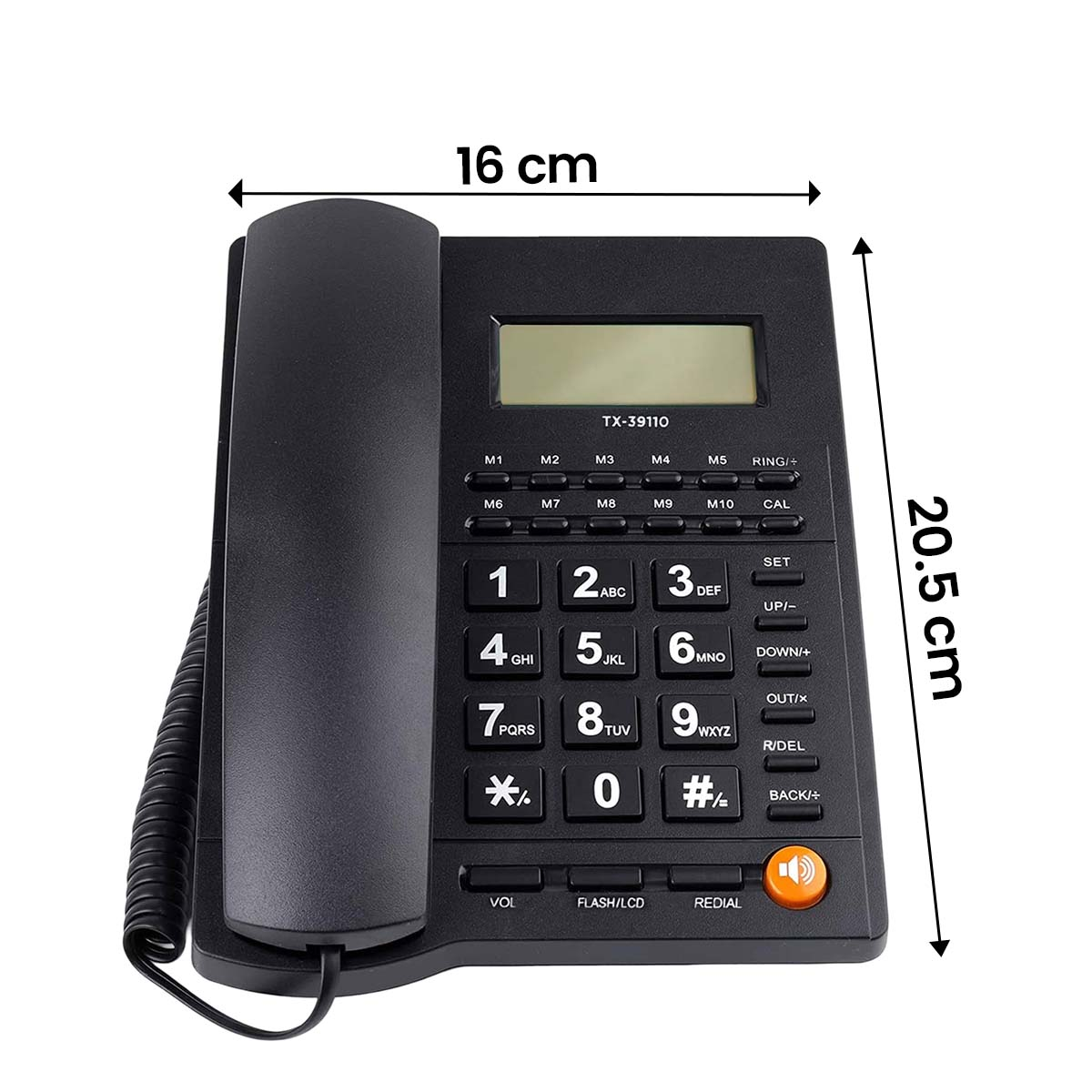 Un teléfono fijo negro con teclado numérico, pantalla y auricular.
