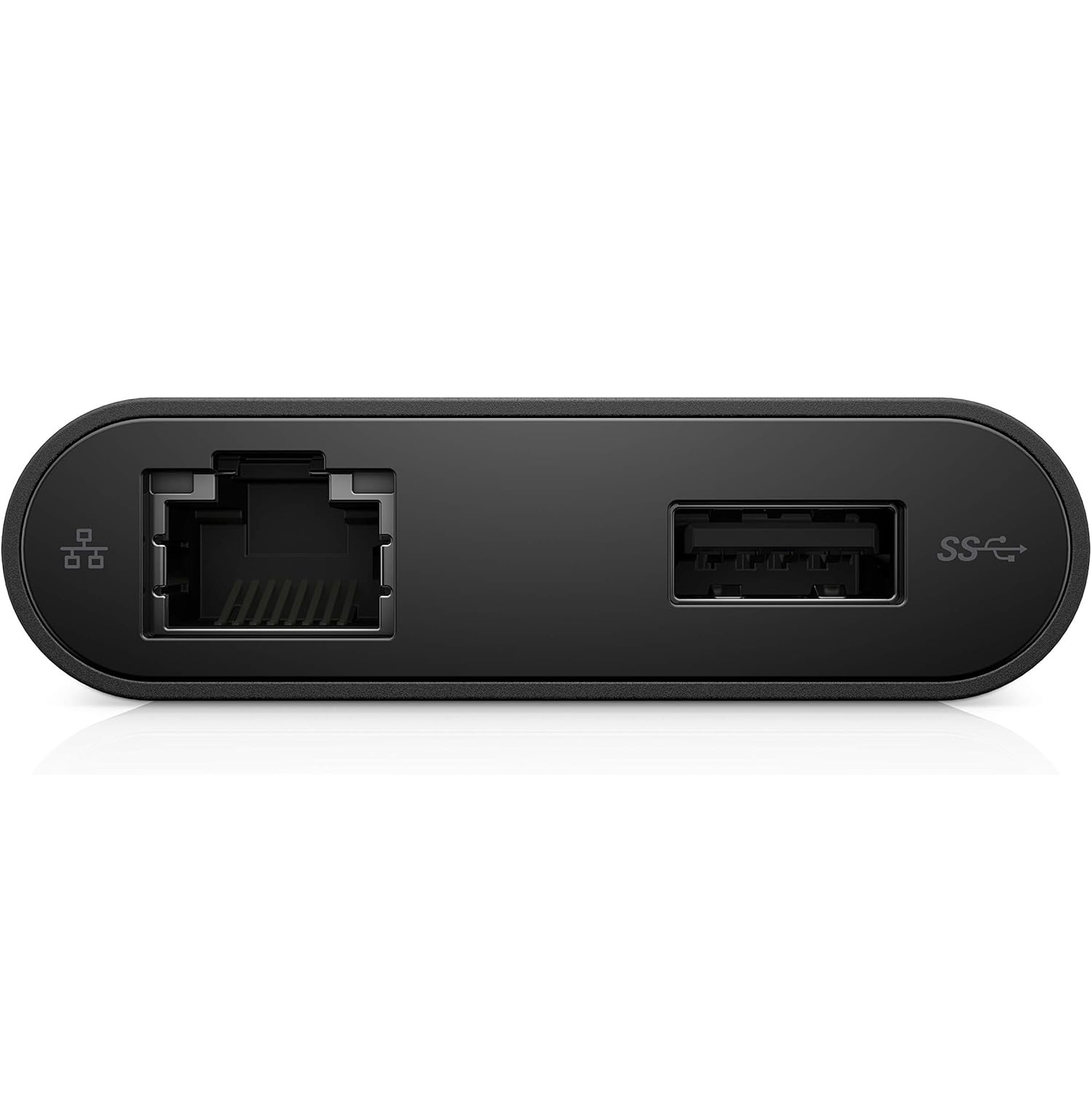 Schwarzer Adapter mit Ethernet- und USB-Anschluss.