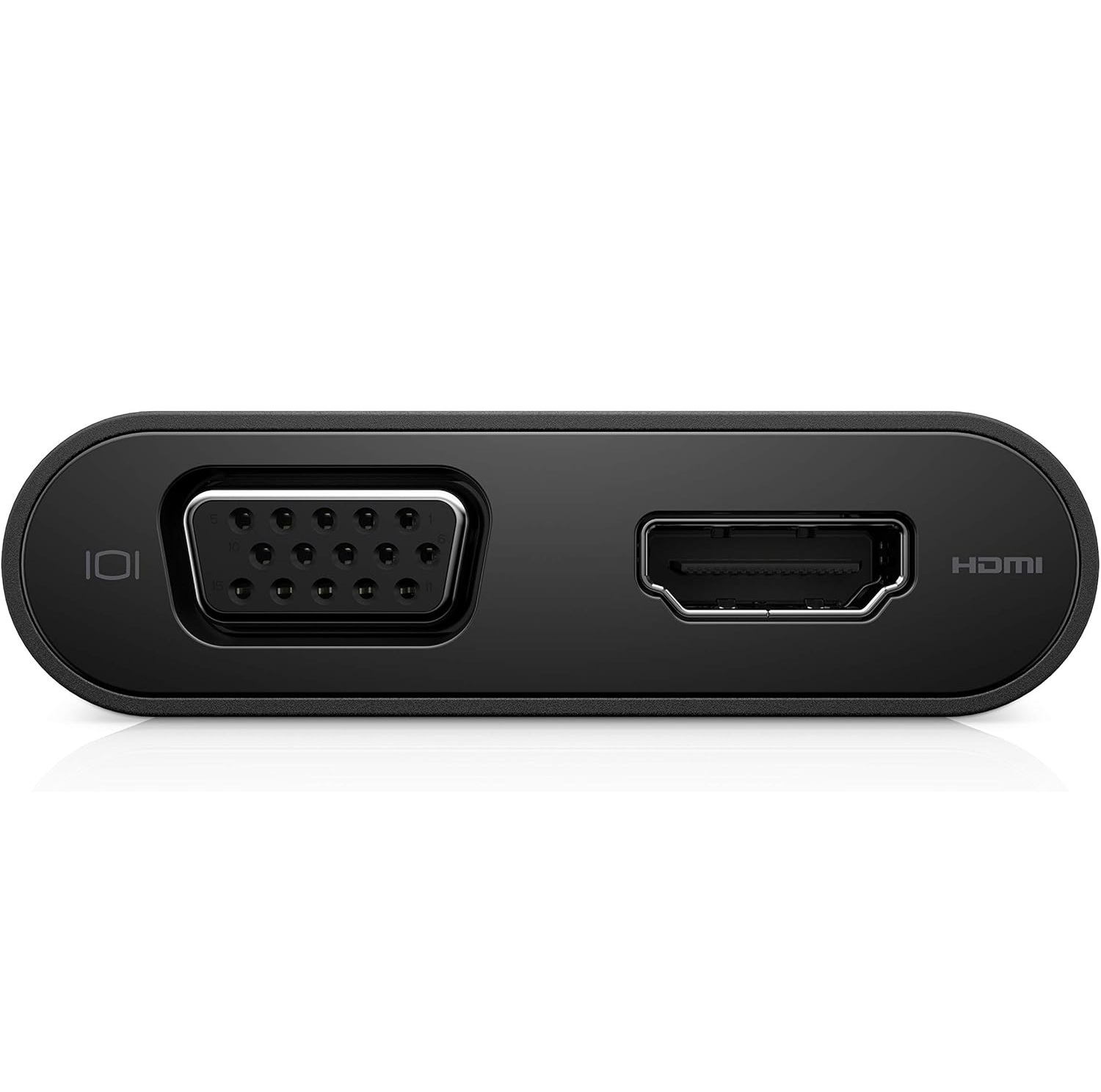 Ein schwarzer Adapter mit VGA- und HDMI-Anschlüssen.