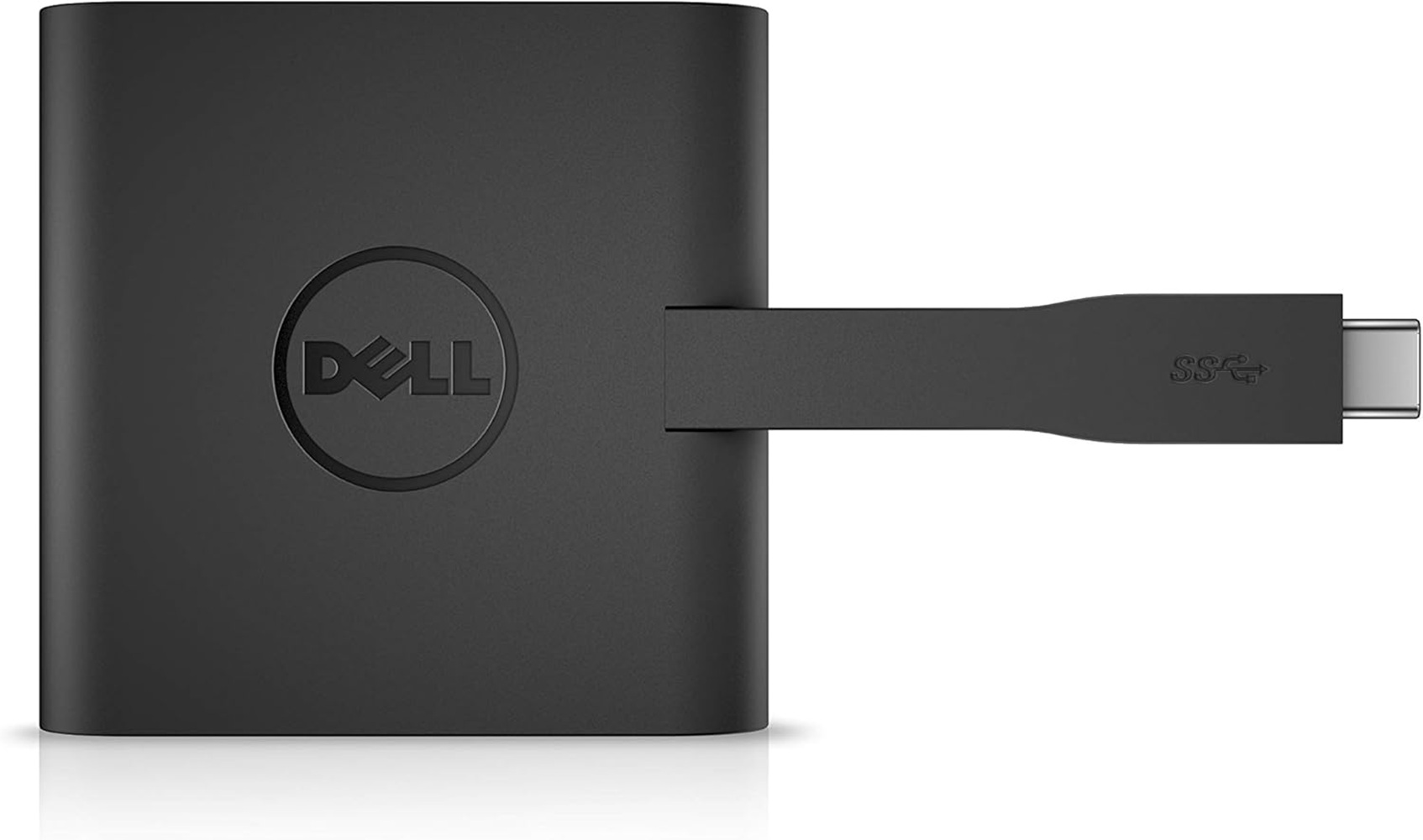 Schwarzer Dell-Adapter mit USB-C-Stecker und SS-Symbol.