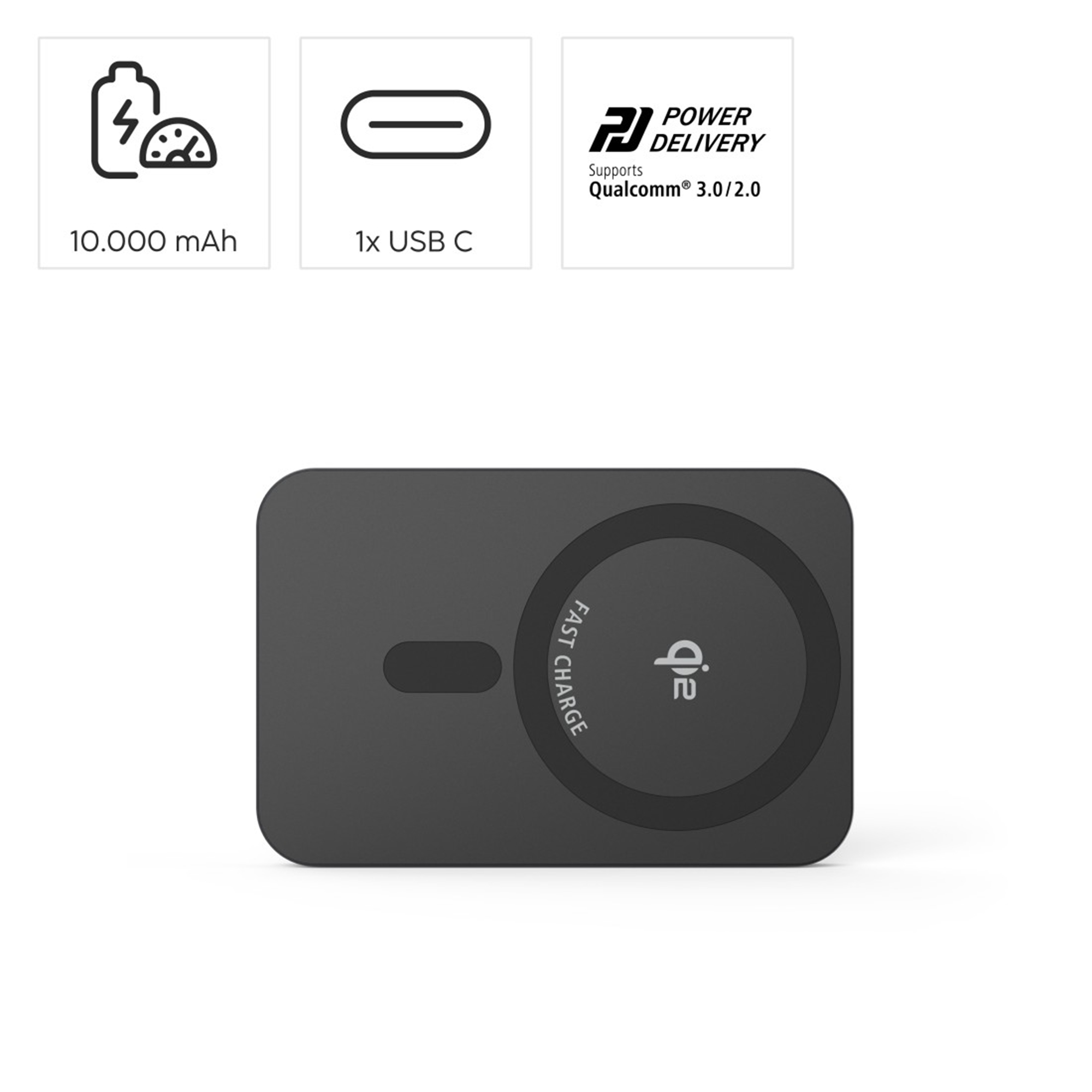 Czarna ładowarka 10.000 mAh, USB-C, Power Delivery.