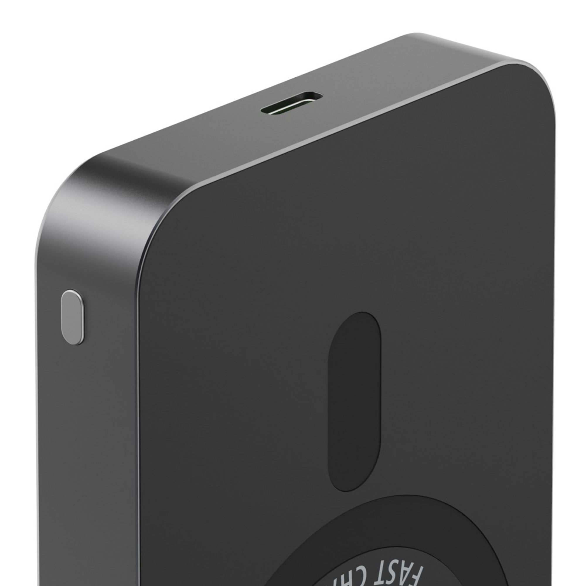 Czarny prostokątny gadżet z portem USB-C i srebrnym przyciskiem.