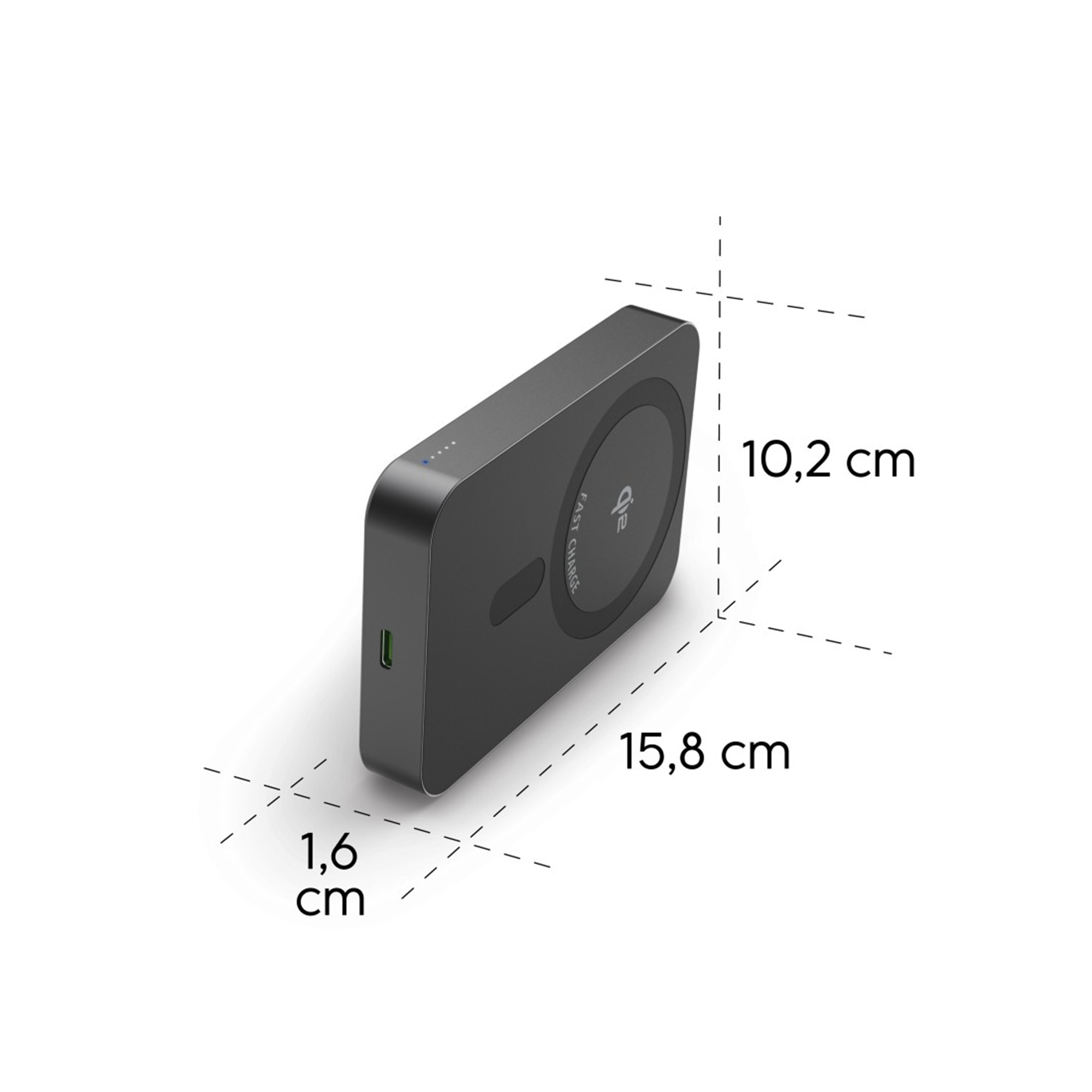 Czarna ładowarka o wymiarach 15,8x10,2x1,6 cm z portem USB-C.