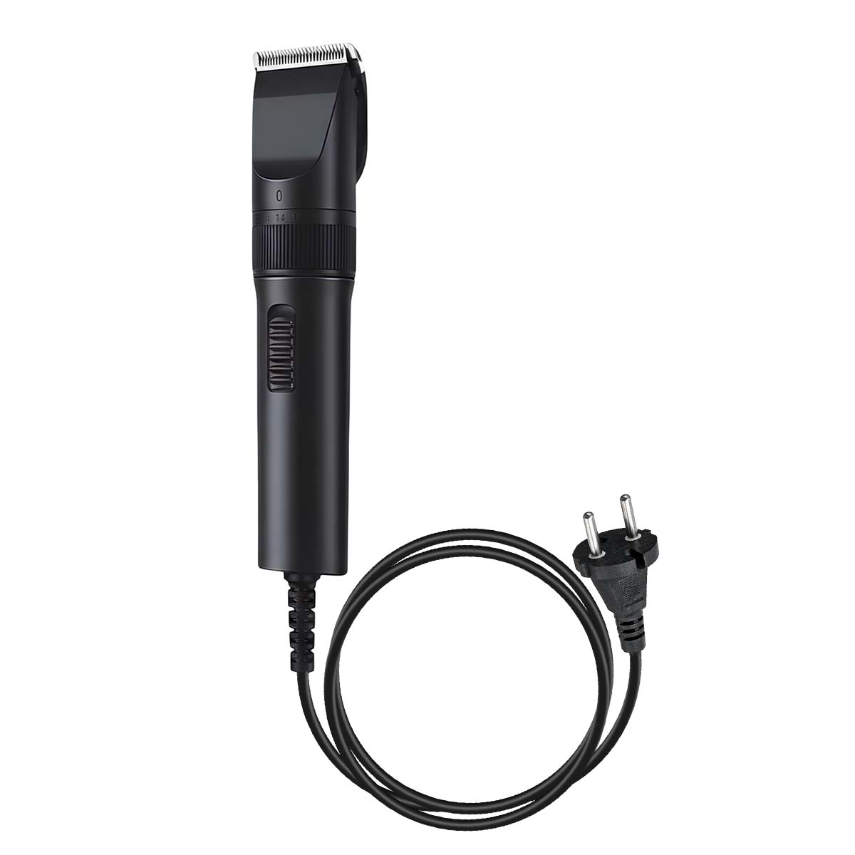 Tondeuse à cheveux noire avec cordon et prise sur fond blanc.