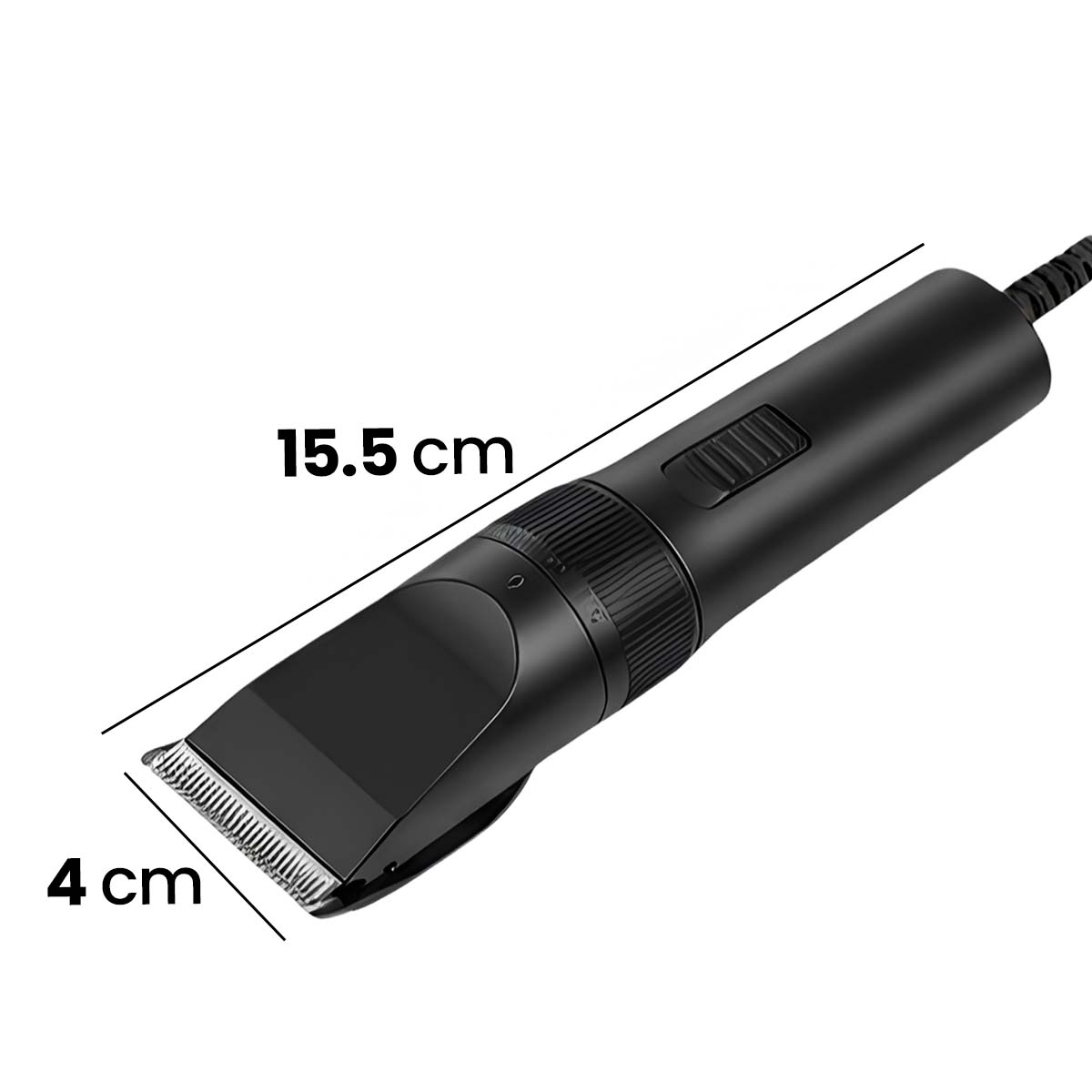 Tondeuse à cheveux noire, 15,5 cm de long et 4 cm de large, avec cordon.