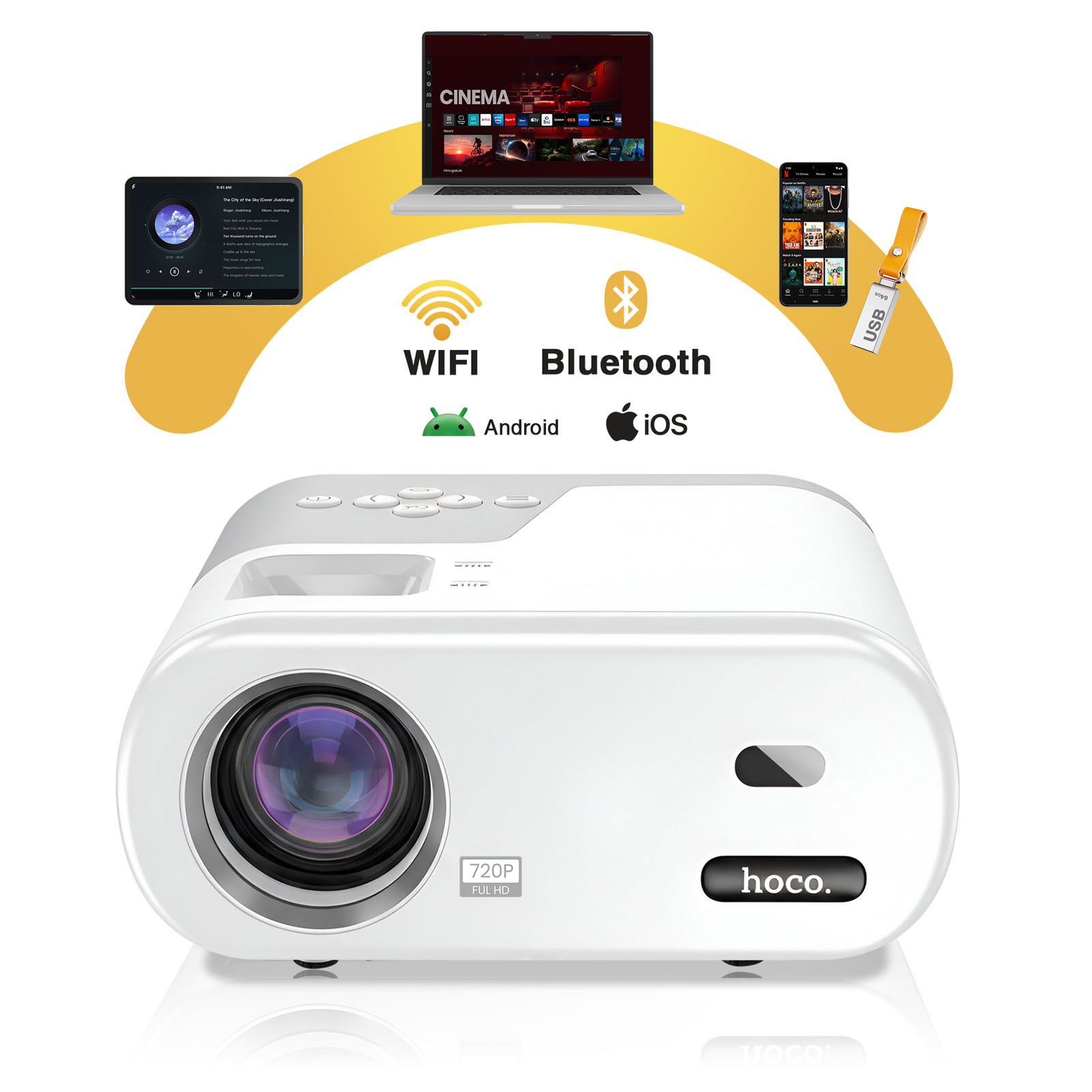 Ein weißer Projektor mit Laptop, Smartphone und USB-Stick. WLAN- und Bluetooth-Symbole.