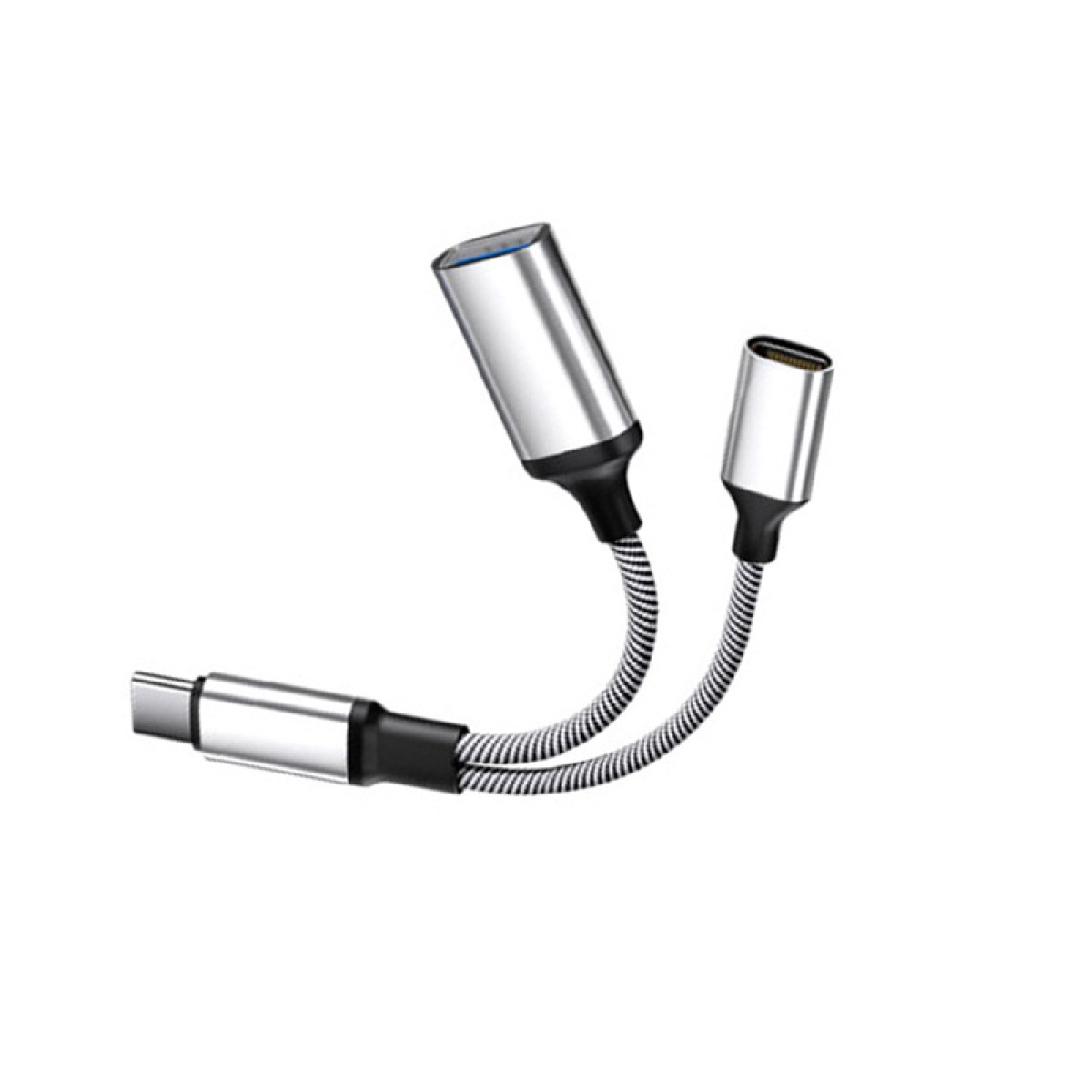 Ein silberner USB-C-Splitter-Adapter mit zwei Buchsen und einem Stecker.
