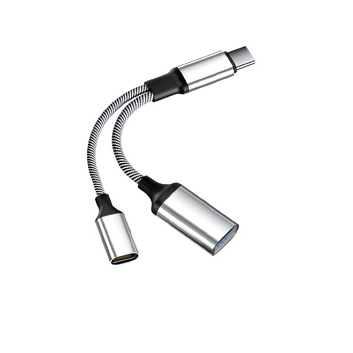 Ein silberner USB-C-Adapter mit zwei Kabeln und schwarzen Verbindungsstücken.