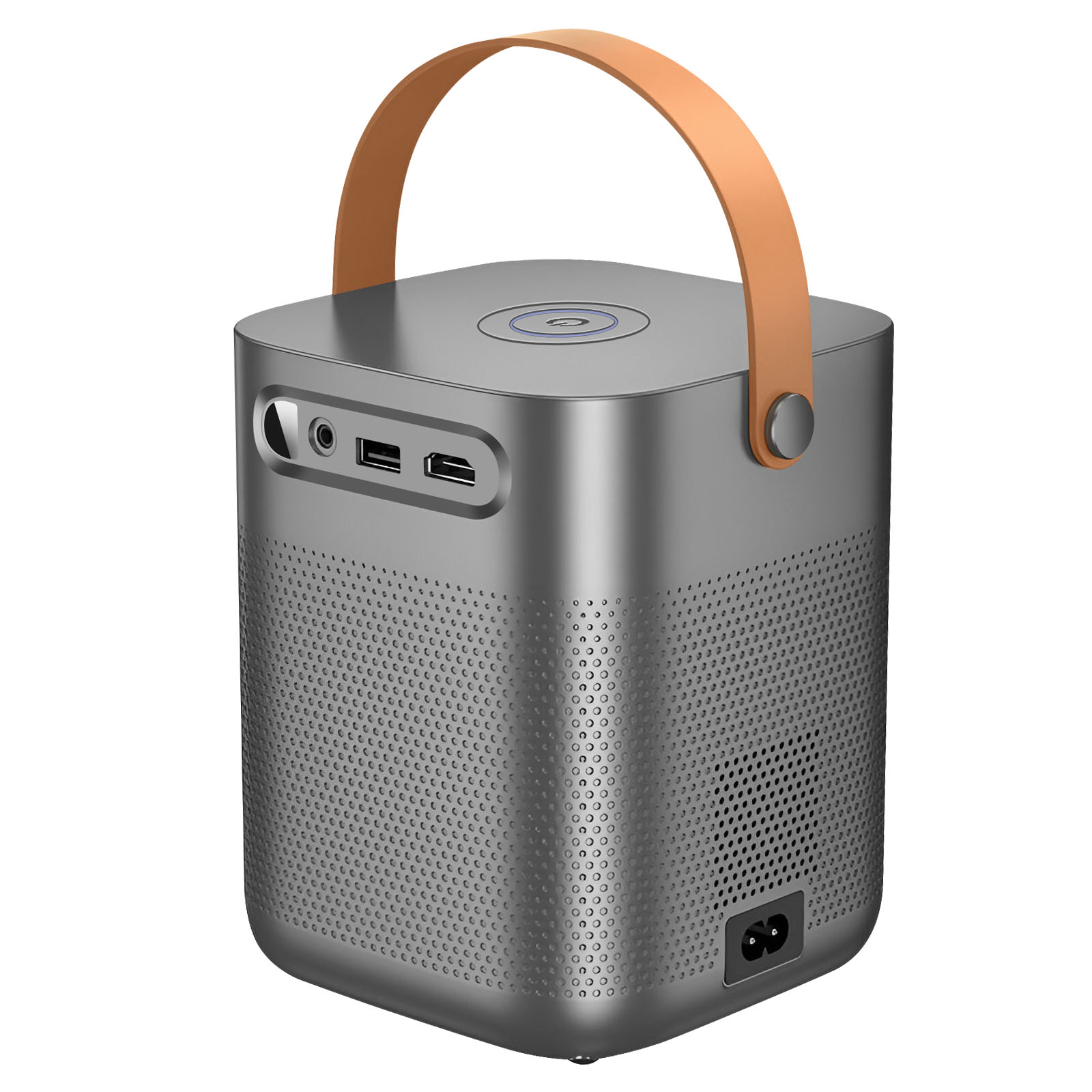 Grauer Projektor mit Tragegriff, USB-Anschlüssen und Lautsprechergitter.