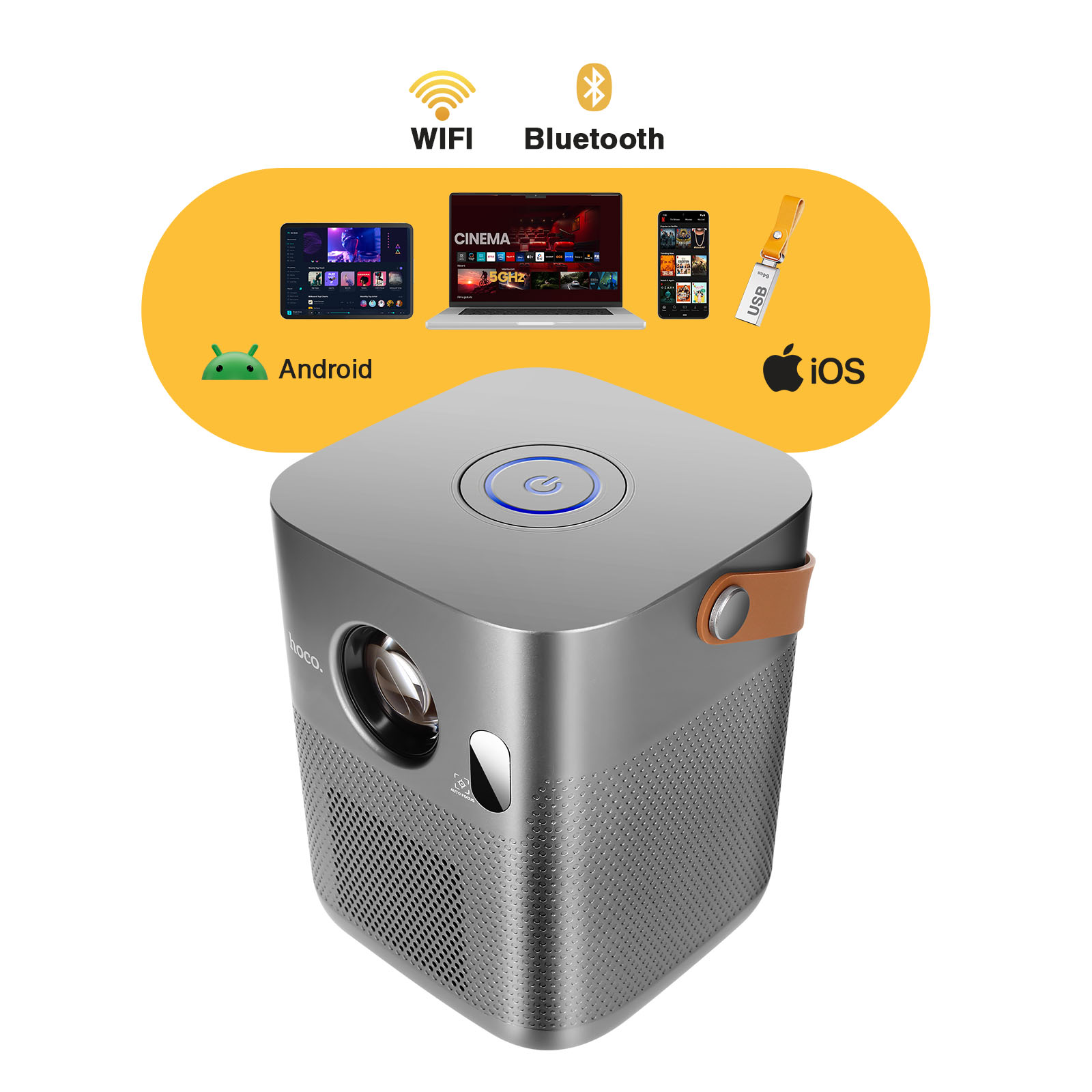 Ein grauer Projektor mit WLAN-, Bluetooth- und USB-Symbolen.