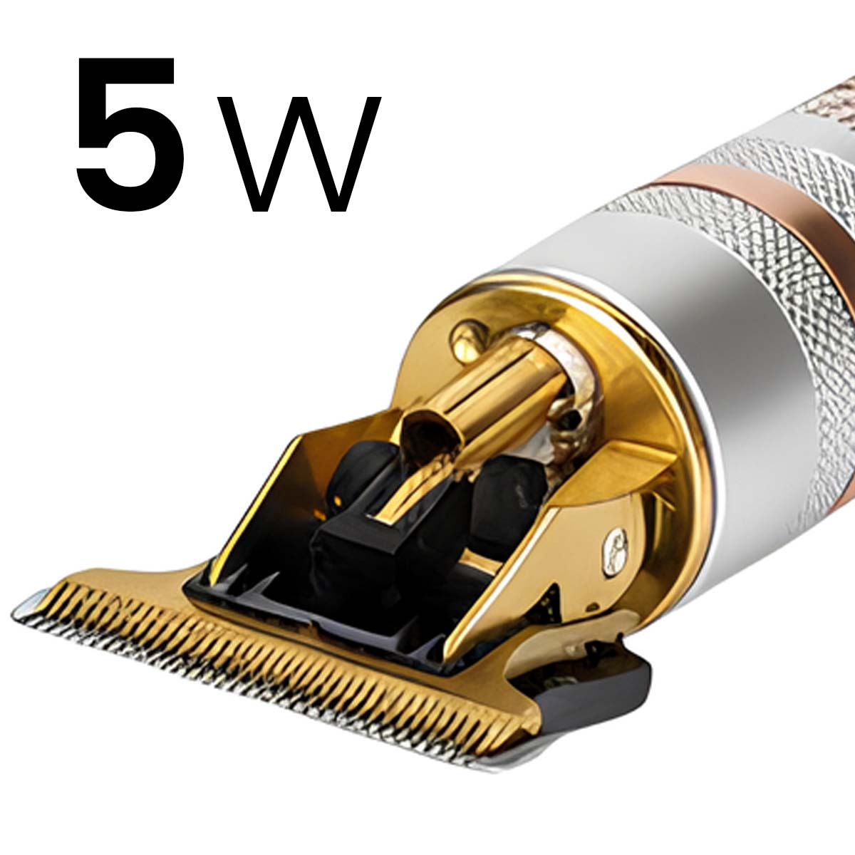 Gros plan d'une tondeuse argentée et dorée avec le texte "5W".