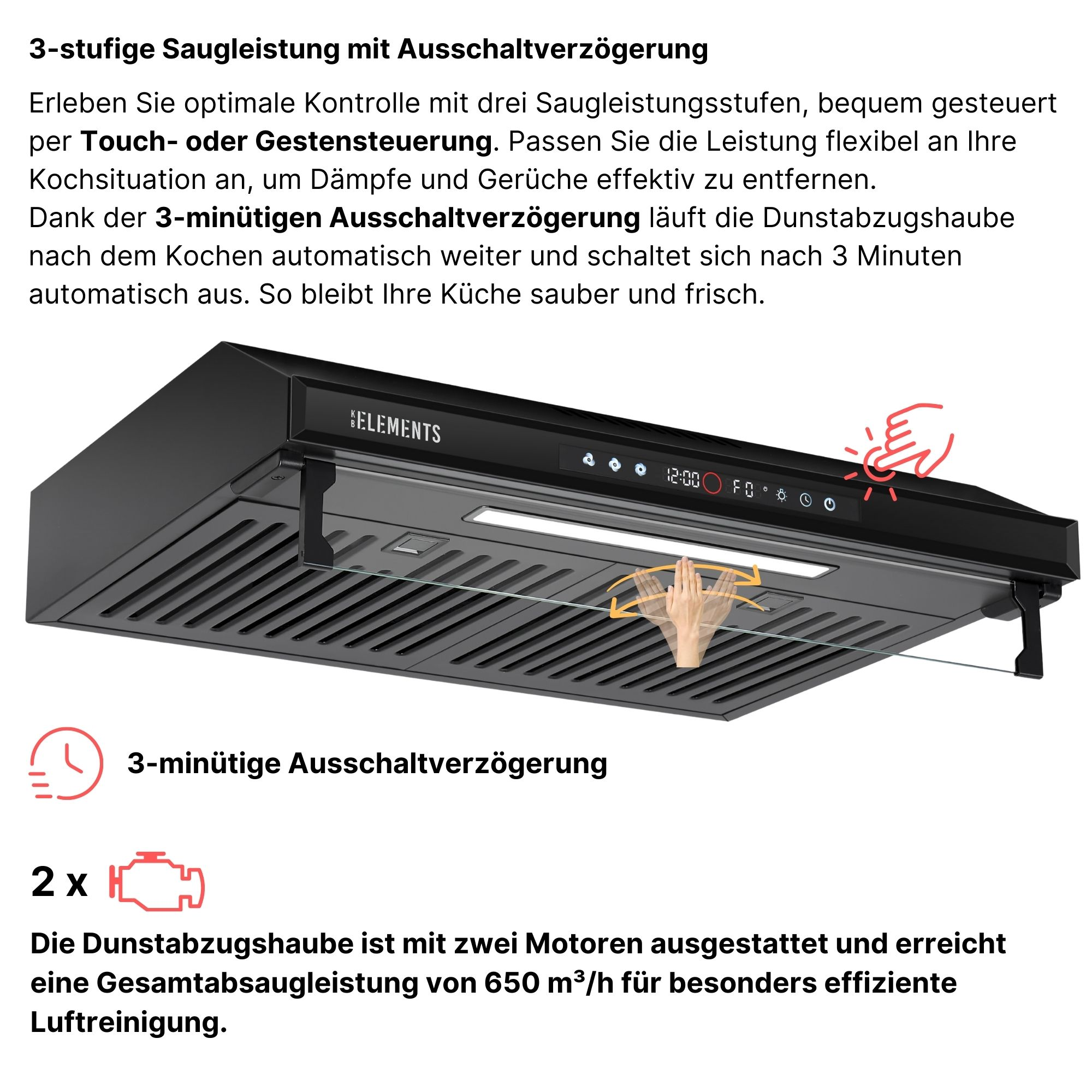 Schwarze Dunstabzugshaube mit Touchscreen und 3 Lüfterstufen.