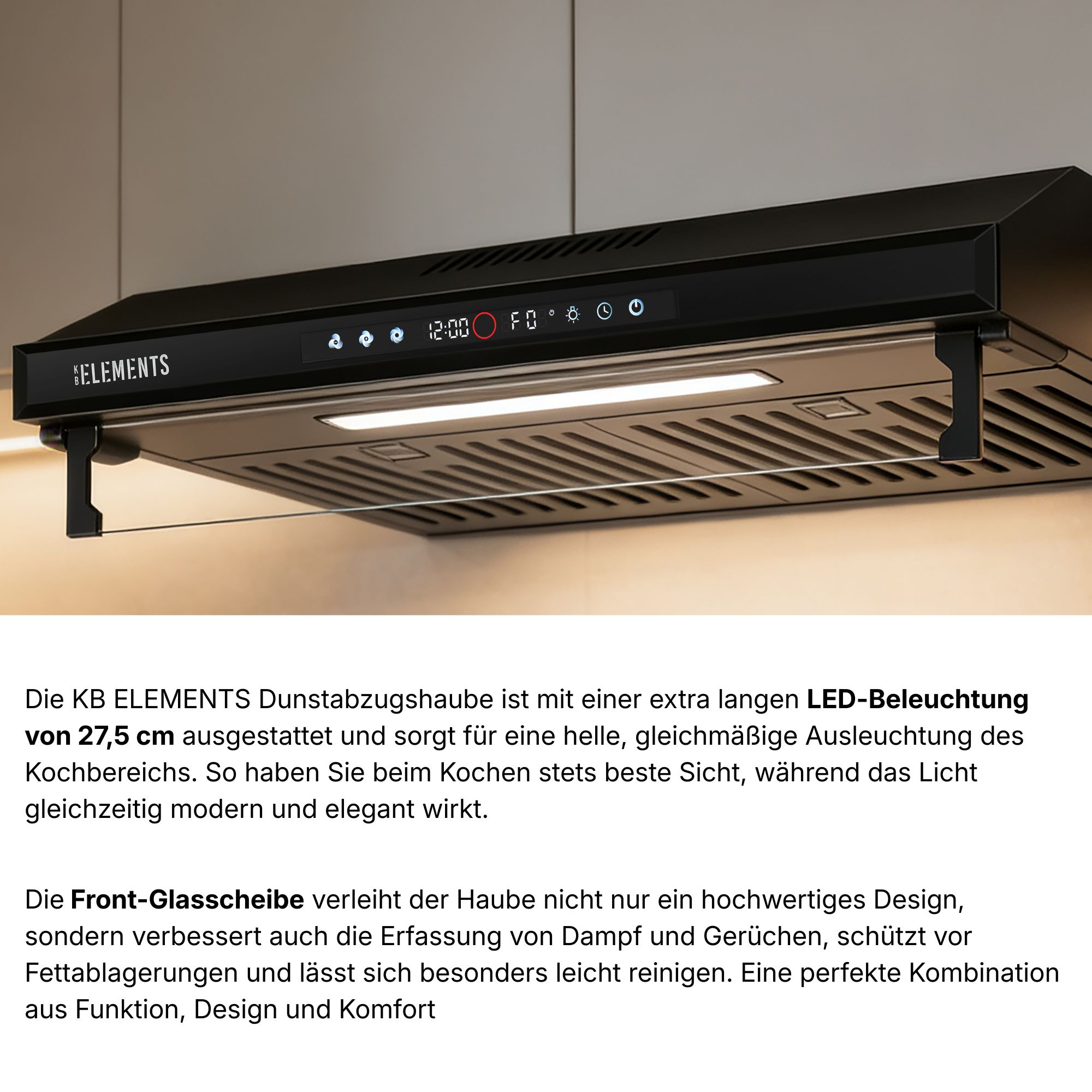 Eine schwarze Dunstabzugshaube mit LED-Beleuchtung und digitaler Anzeige.