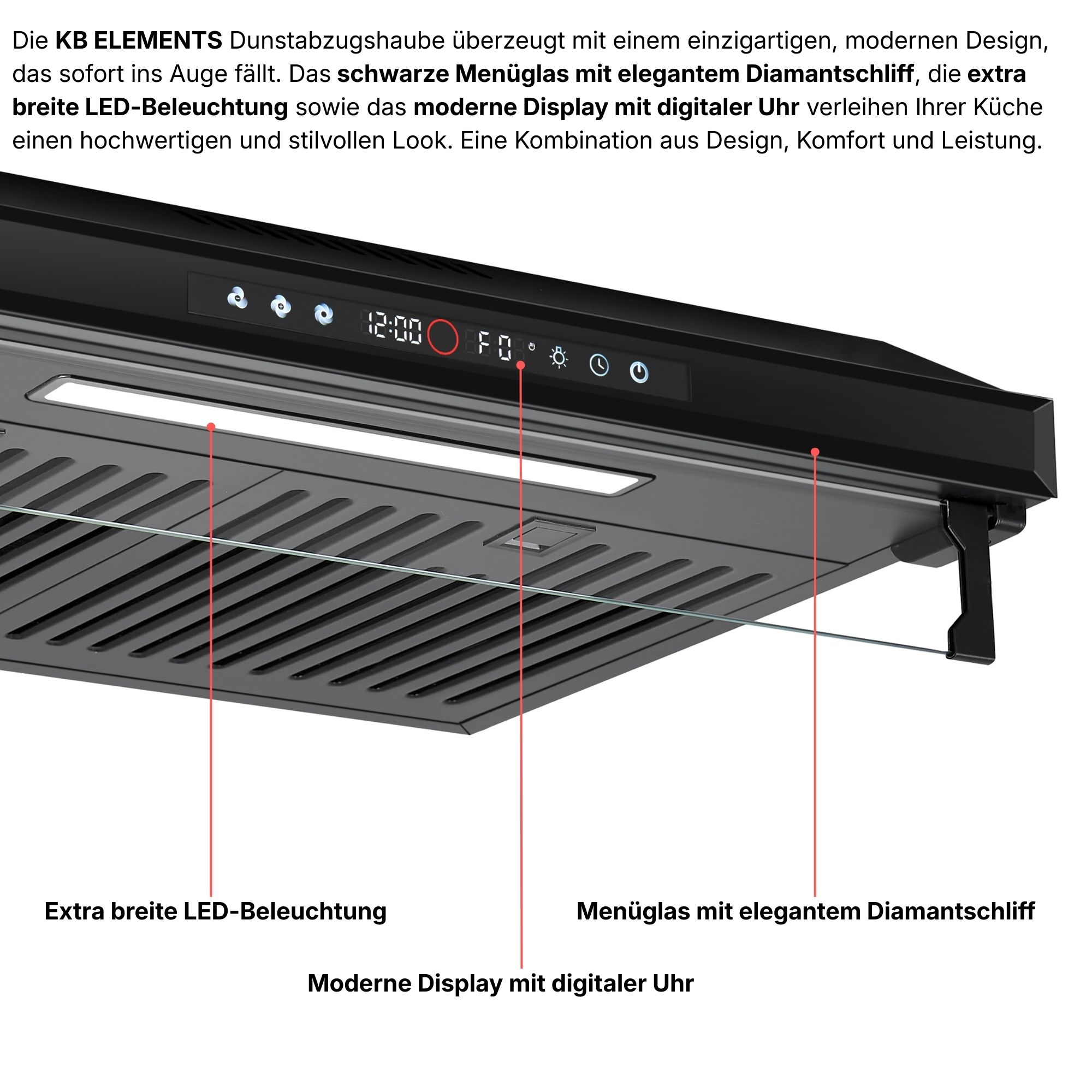 Moderne Dunstabzugshaube mit LED-Beleuchtung, Glasbedienfeld und Digitaluhr.