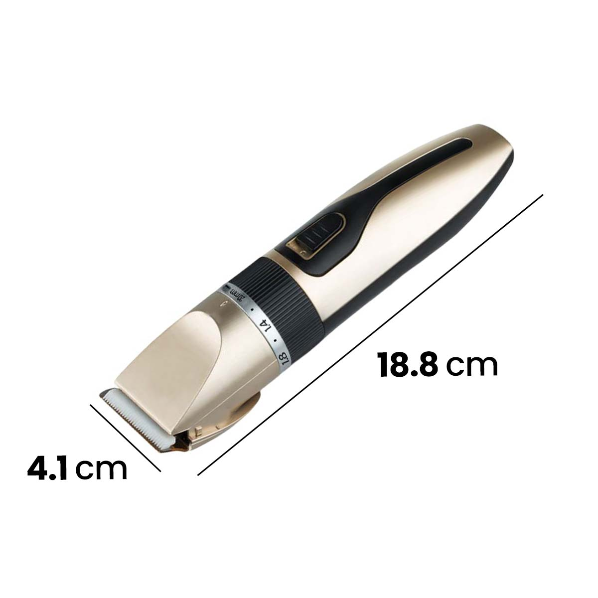 Tondeuse dorée et noire avec dimensions 18,8 cm et 4,1 cm.