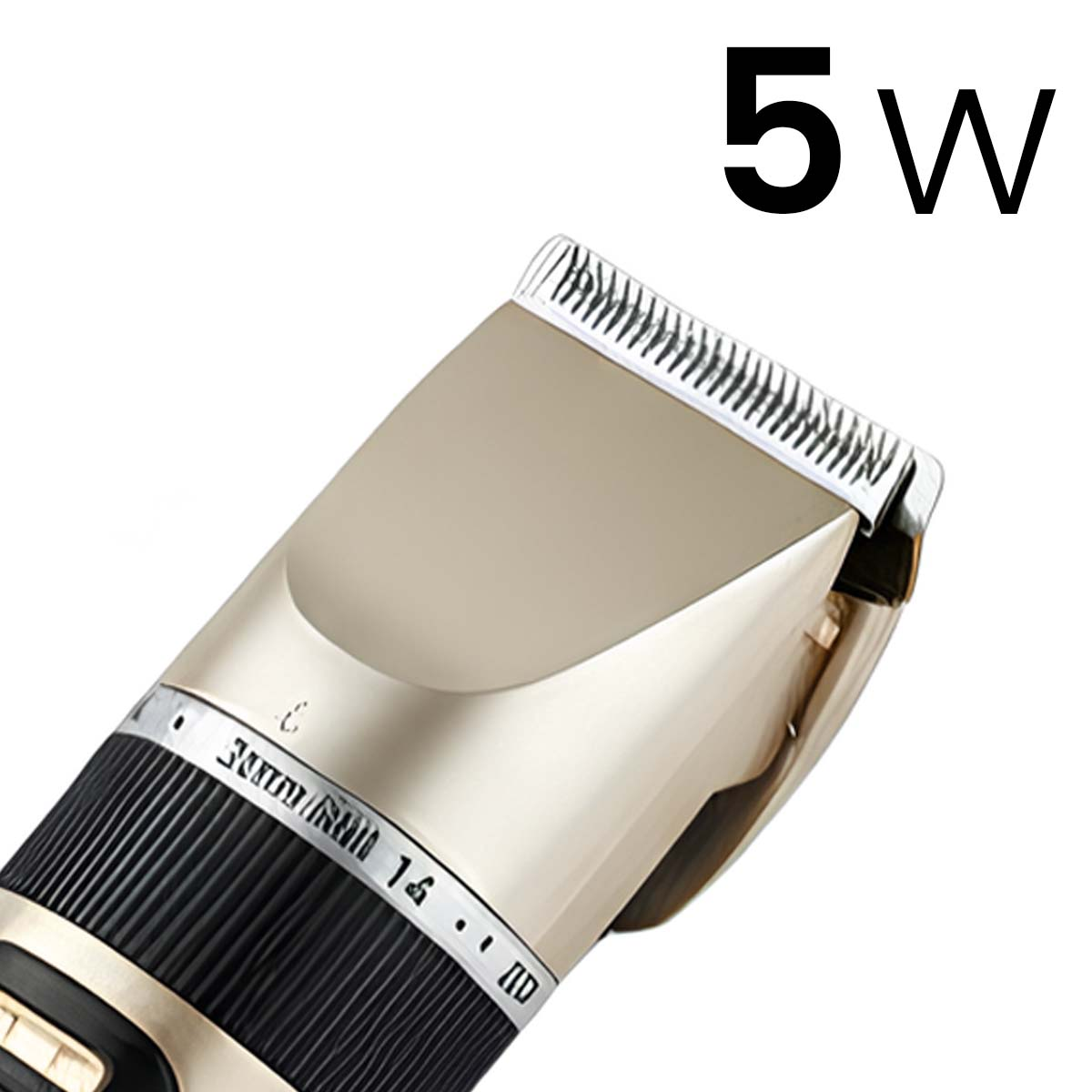 Une tondeuse dorée avec manche noir et réglage de longueur. 5W.