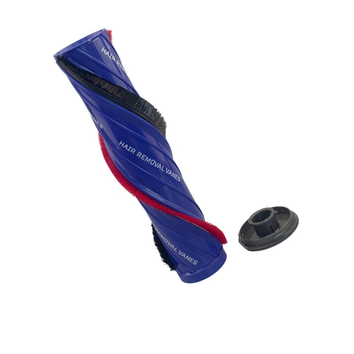 Niebieska głowica szczotki z czerwonymi i czarnymi włoskami, obok szarego elementu.