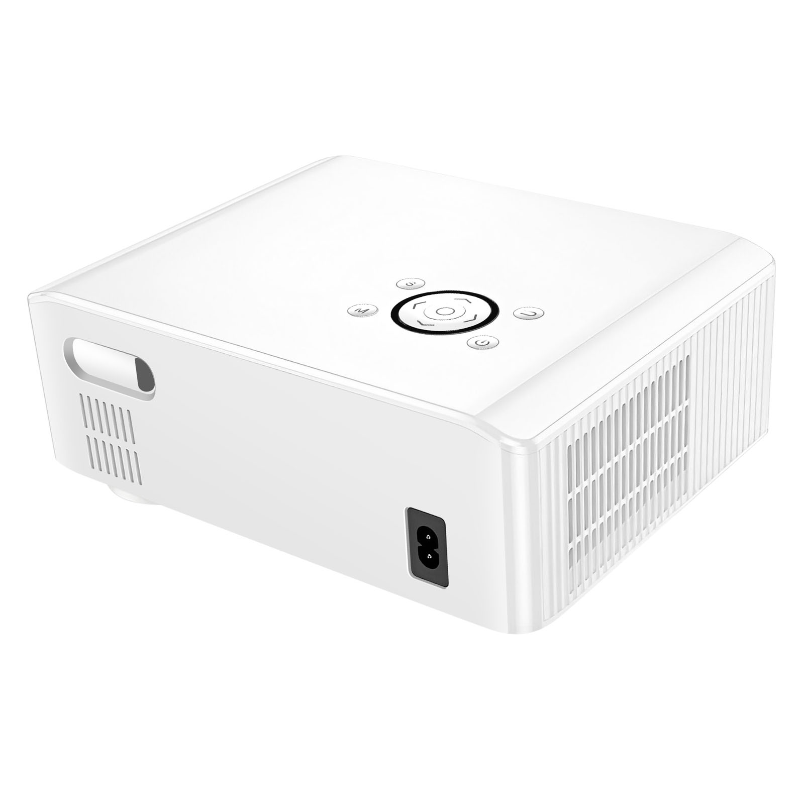 Un projecteur blanc avec des boutons de commande sur le dessus et des évents sur le côté.