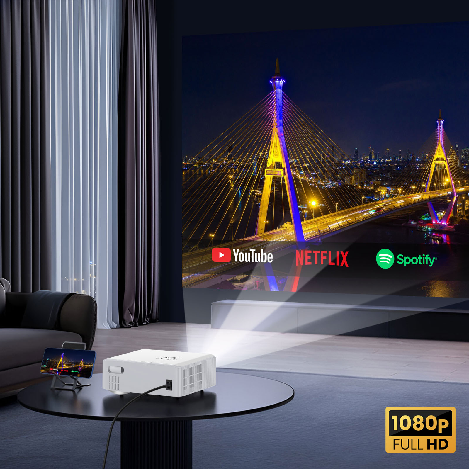 Projecteur affiche pont de nuit avec logos YouTube, Netflix, Spotify. 1080p Full HD.