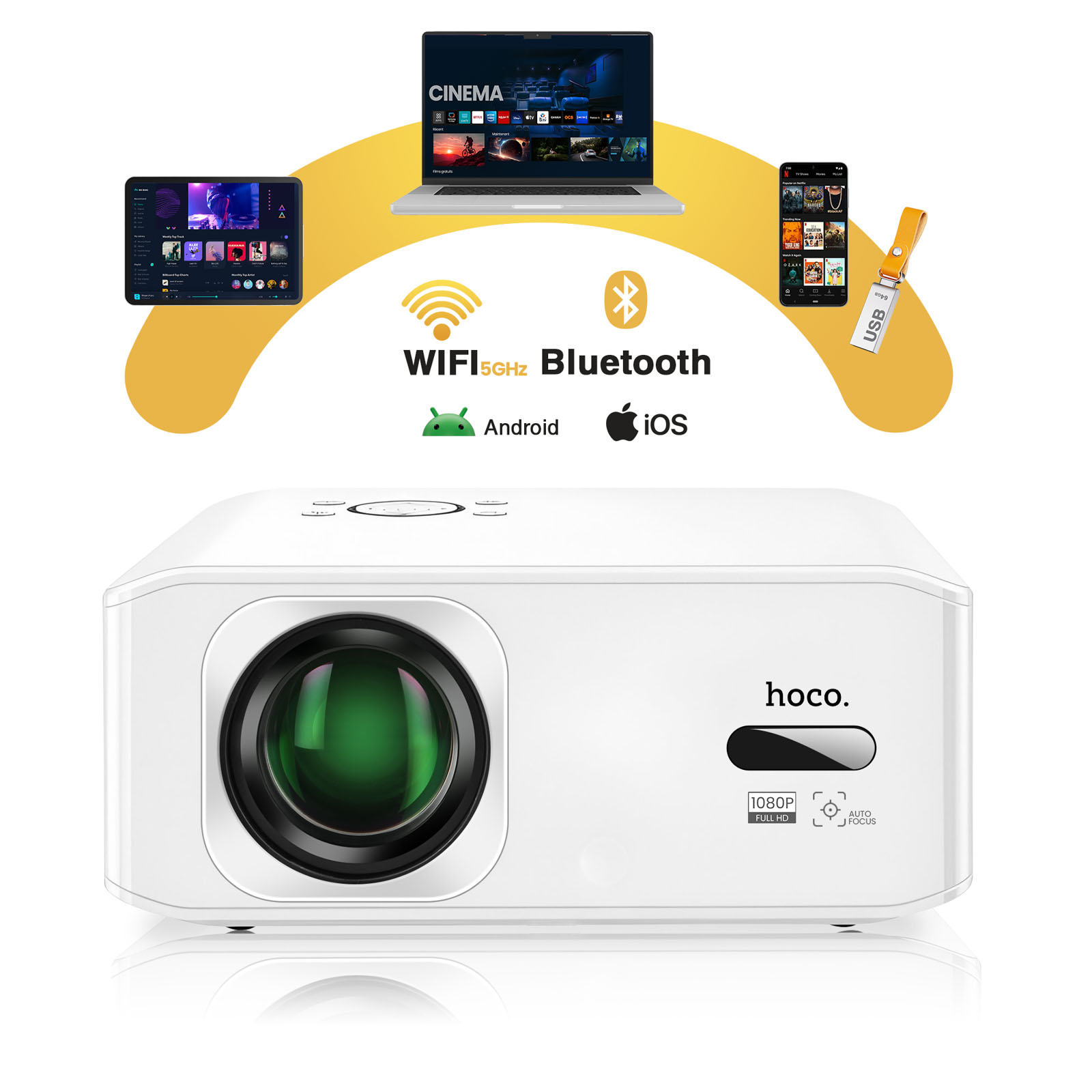 Projecteur blanc avec WiFi, Bluetooth, Android, support iOS. Ordinateur portable, tablette, téléphone.