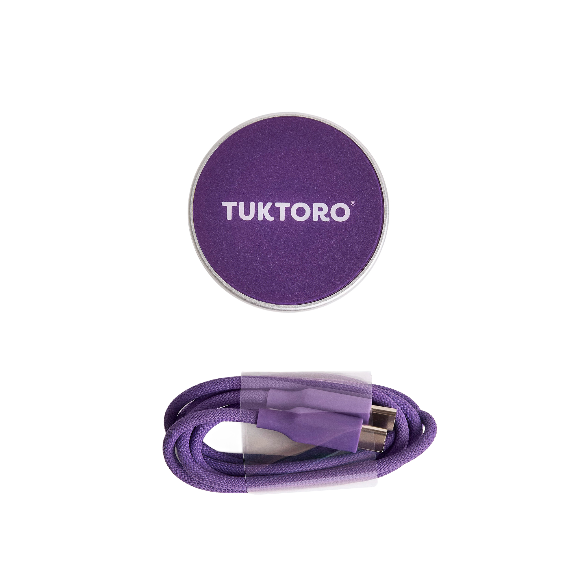 Lila TUKTORO-Dose über einem lila geflochtenen USB-C-Kabel.