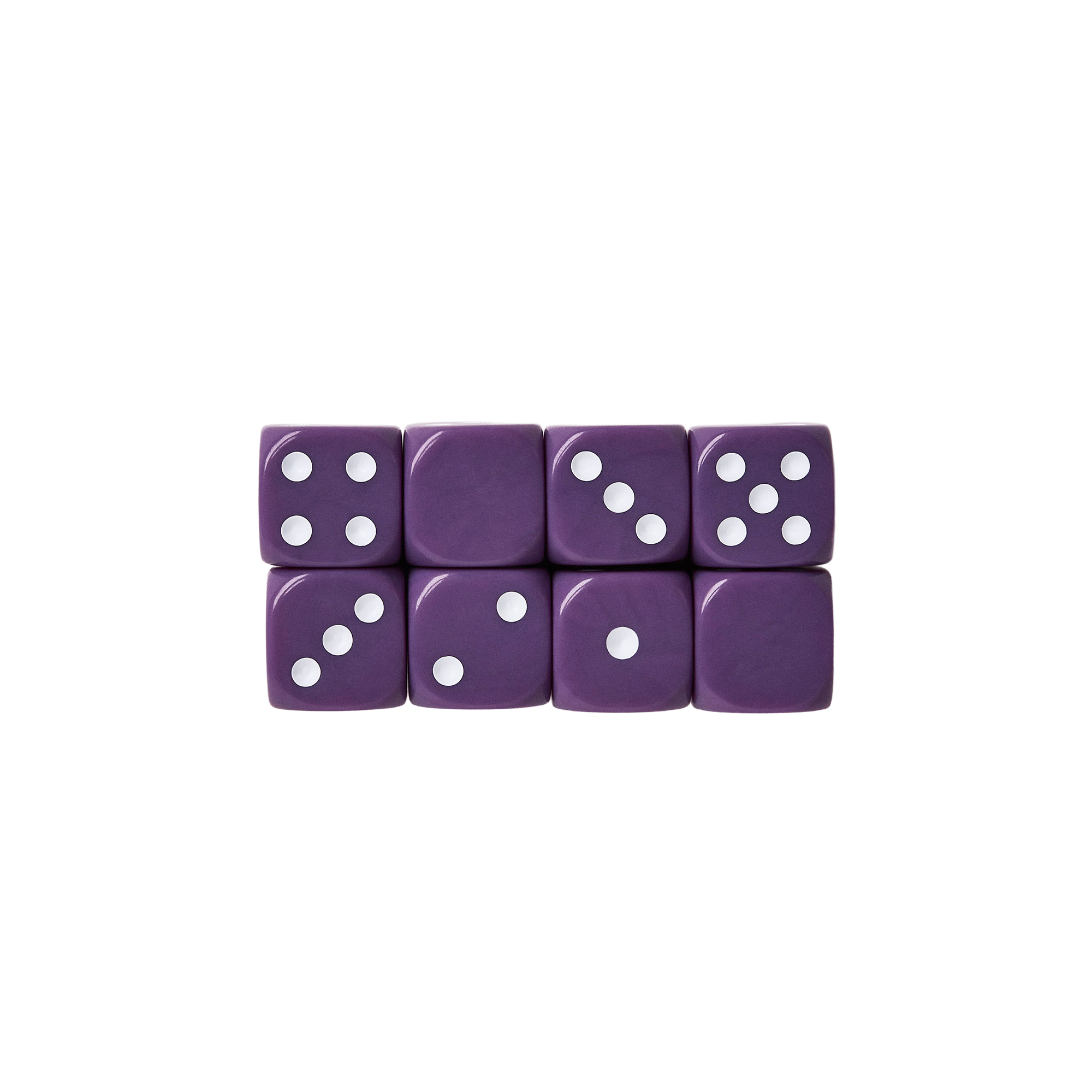 Acht violette Würfel mit weißen Punkten liegen in zwei Reihen.