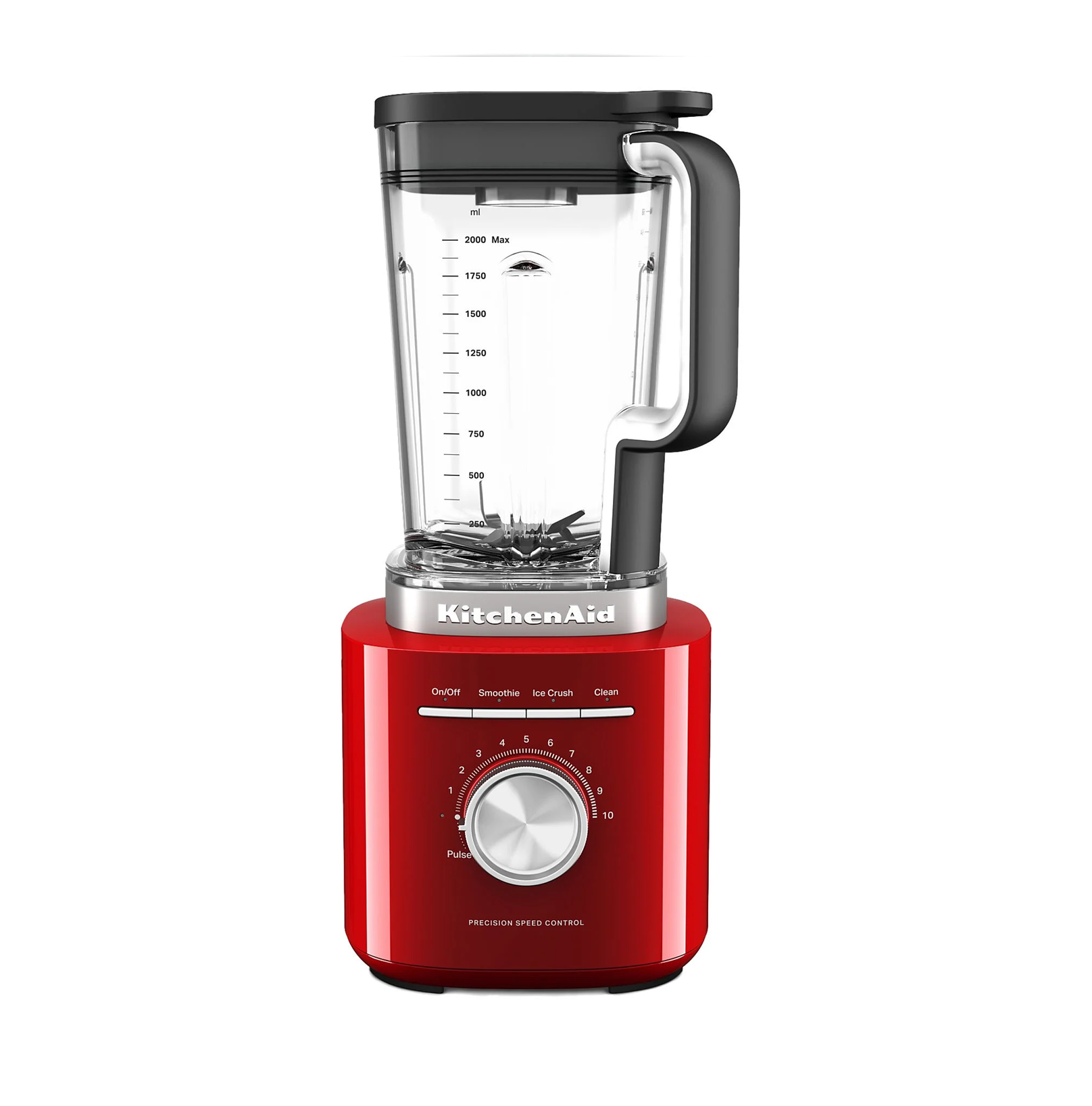 Siyah kapaklı, saplı ve kumandalı kırmızı bir KitchenAid blender.