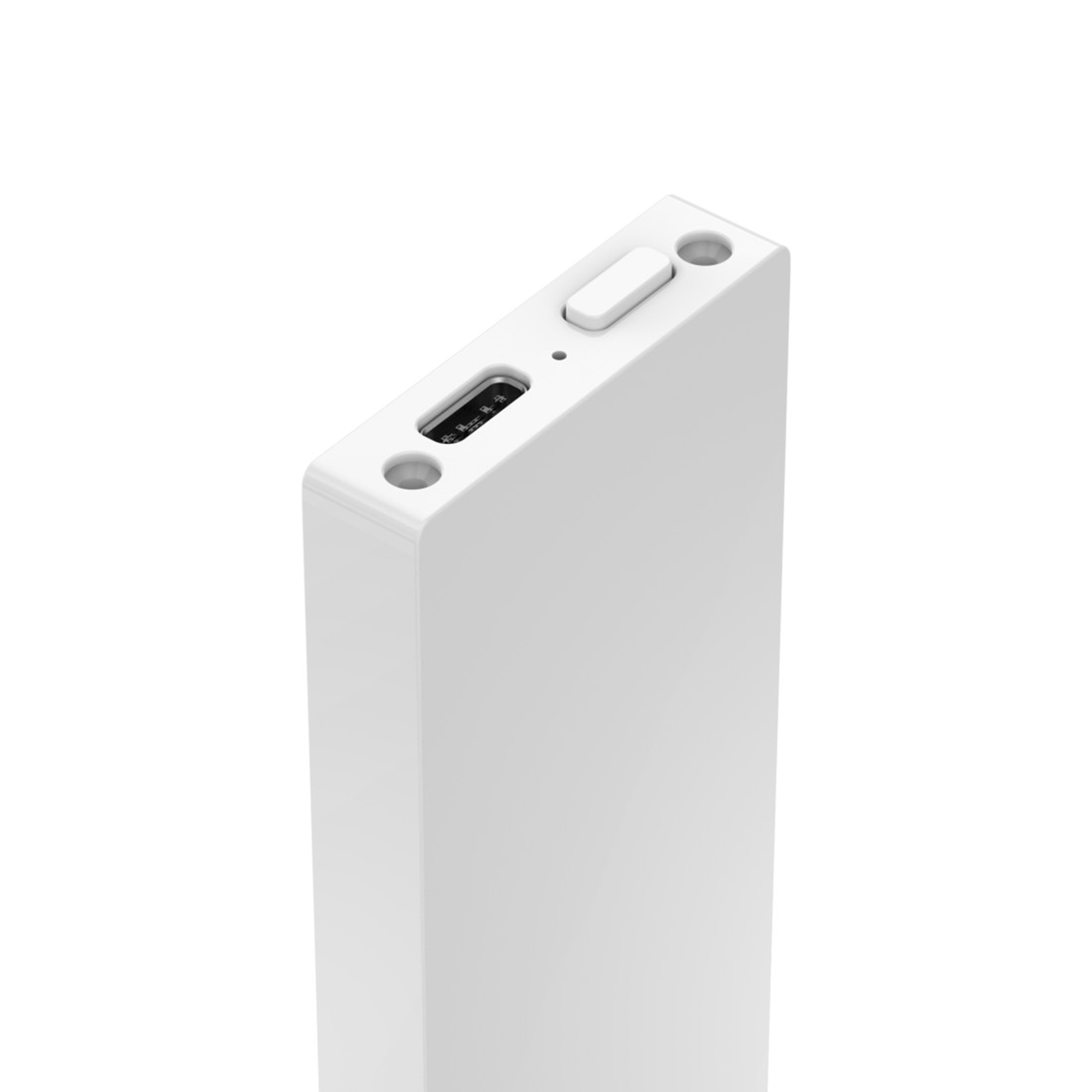 Ein weißes rechteckiges Gerät mit einem USB-C-Anschluss und einem Knopf.
