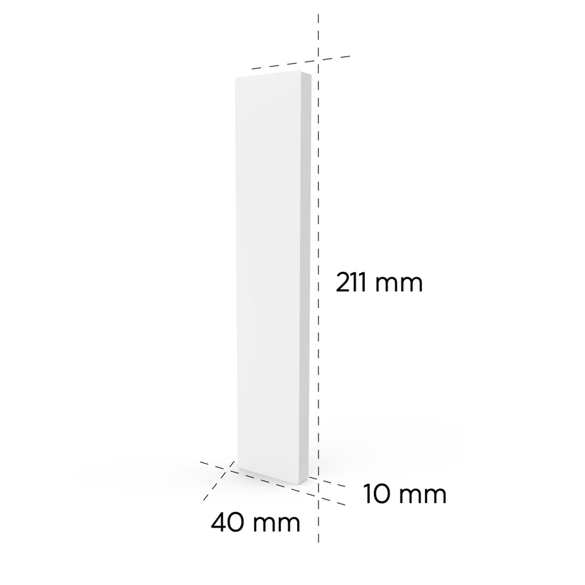 Ein weißes Rechteckprofil mit Maßen 211 mm x 40 mm x 10 mm.