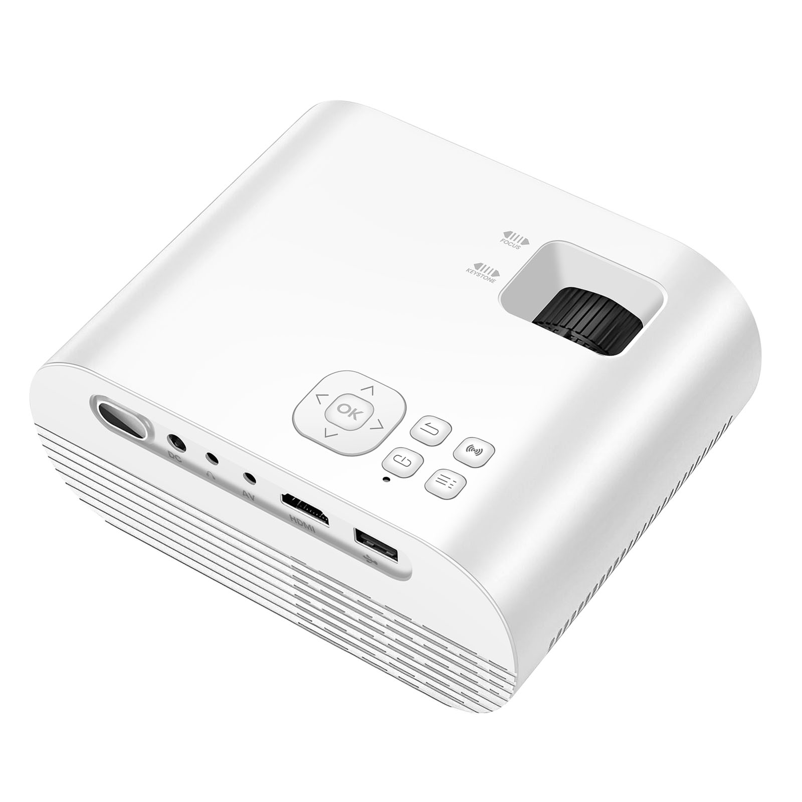 Un proiettore bianco con ghiere di messa a fuoco e keystone e porte come HDMI.
