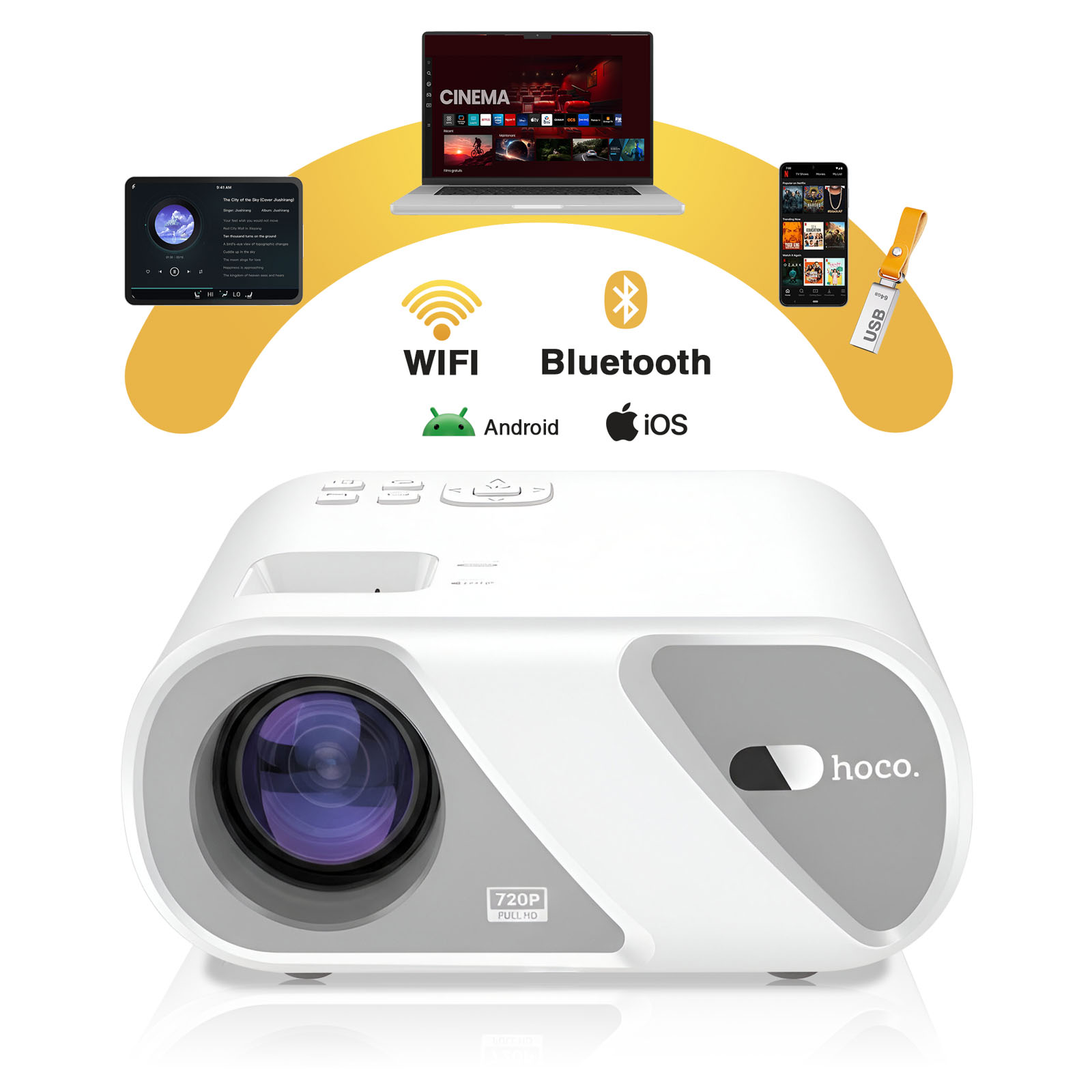 Un proiettore bianco con laptop, tablet, telefono e unità USB. WiFi/Bluetooth.