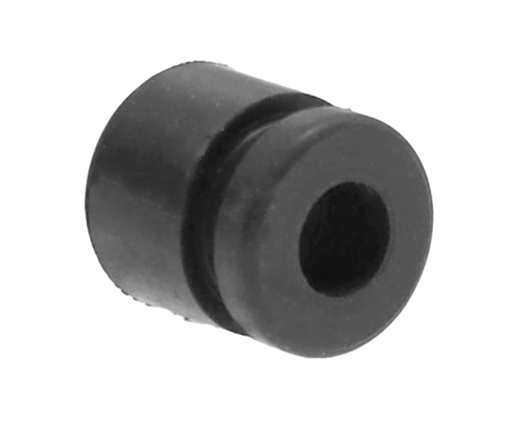 Ein schwarzes, zylindrisches Gummi-Objekt mit einer Aussparung in der Mitte.