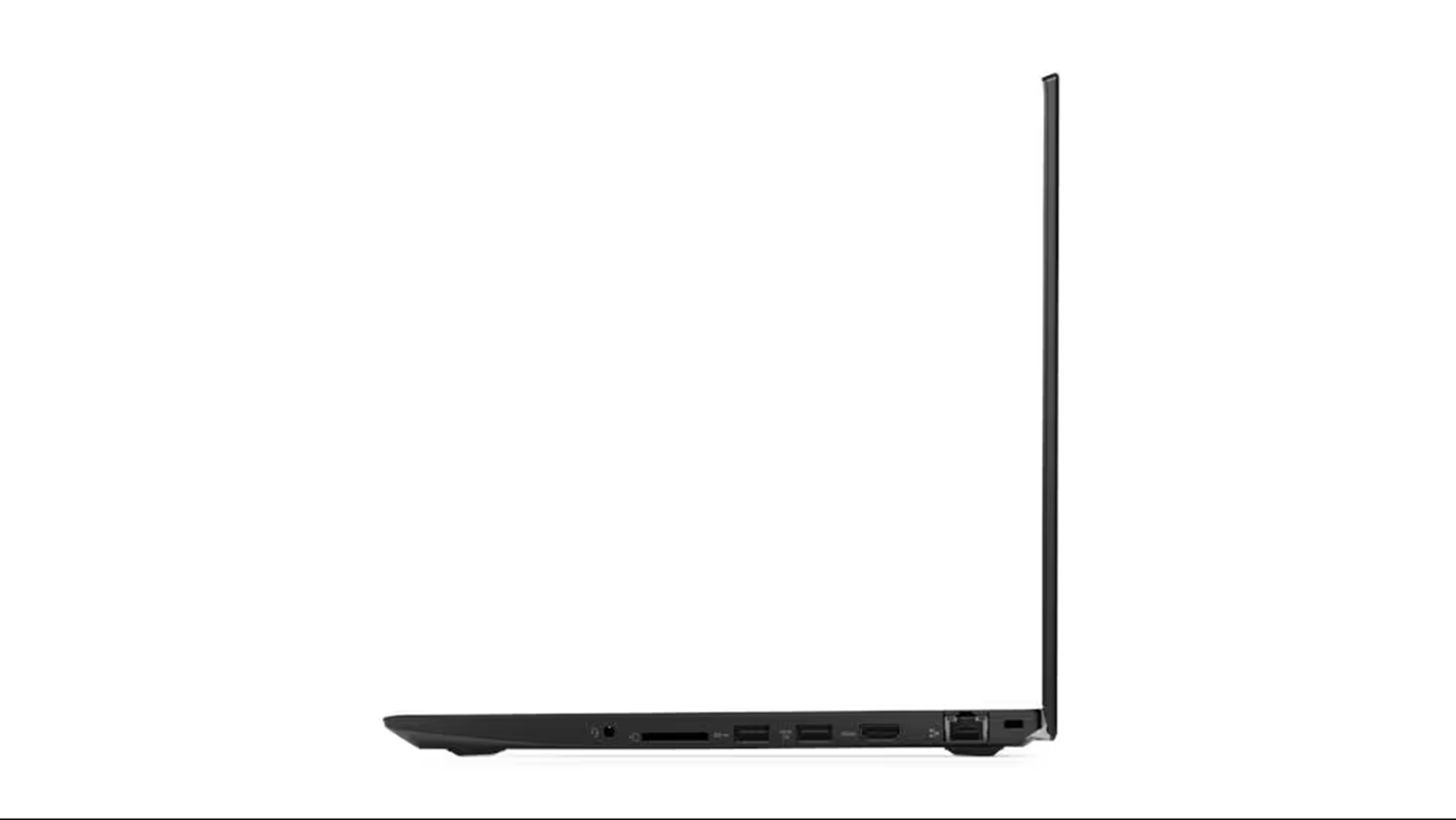 Seitenansicht eines schwarzen Laptops mit verschiedenen Anschlüssen an der Seite.