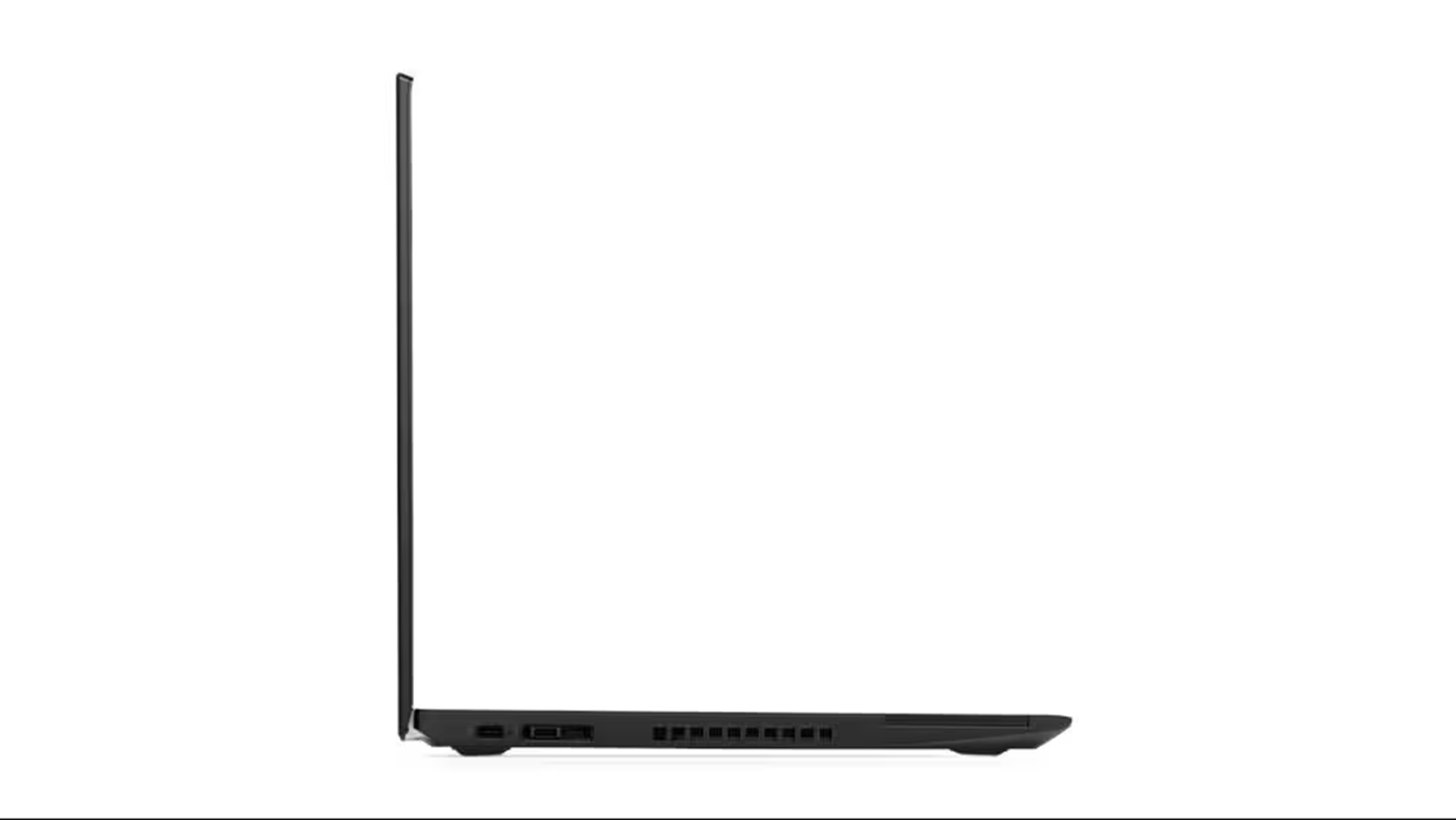 Seitenansicht eines geschlossenen schwarzen Laptops mit Anschlüssen.