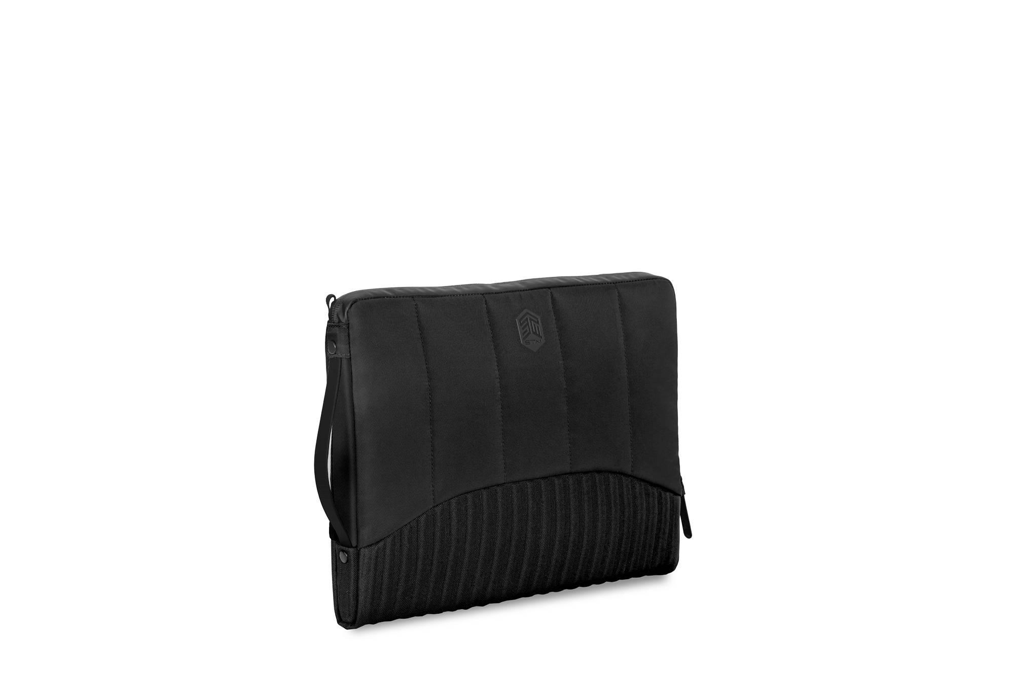 Schwarze Laptoptasche mit gepolstertem Design und texturiertem Einsatz.